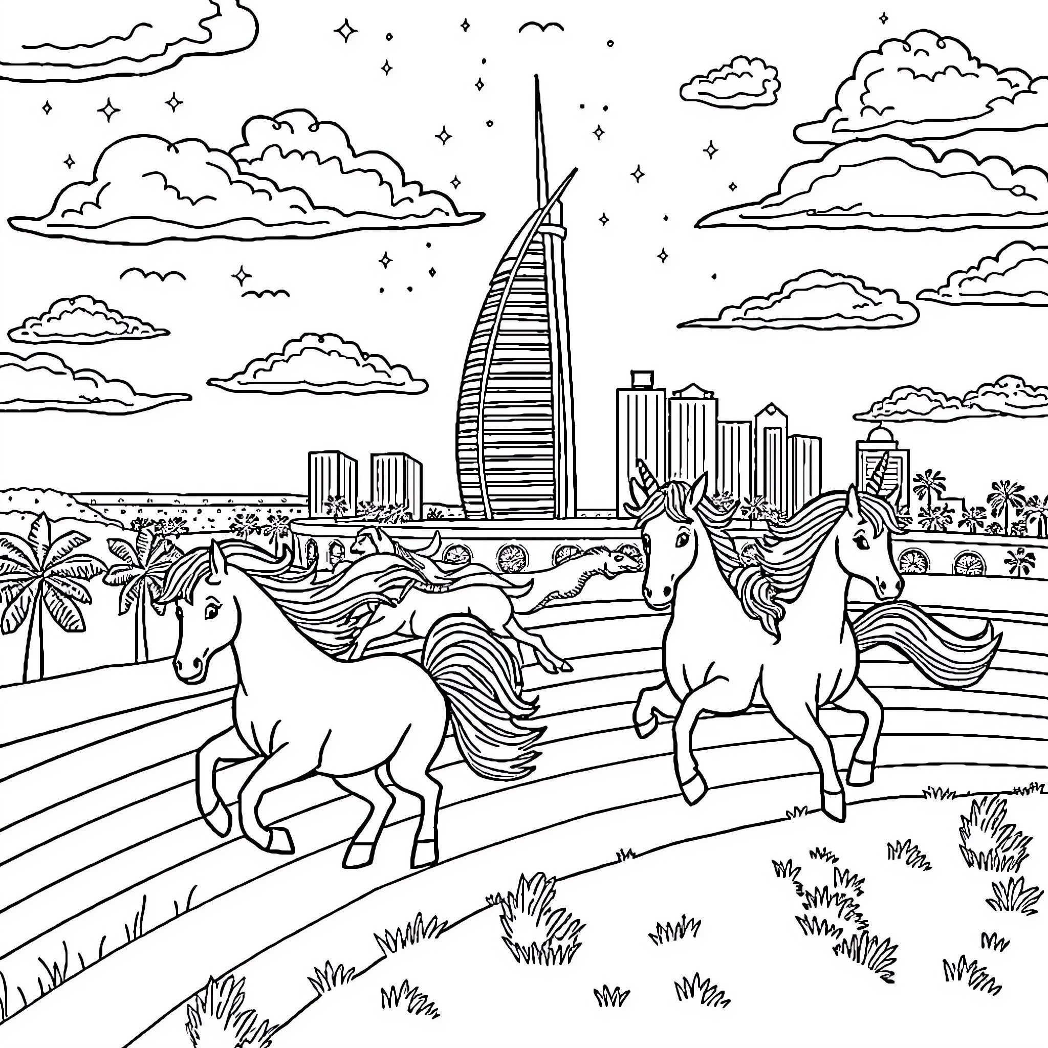 Unicorn Pair Running Through Vibrant City Landscape Coloring Page (free black-and-white line drawing printable PDF for all, from beginners to advanced learners, including children, teens, adults, and seniors)