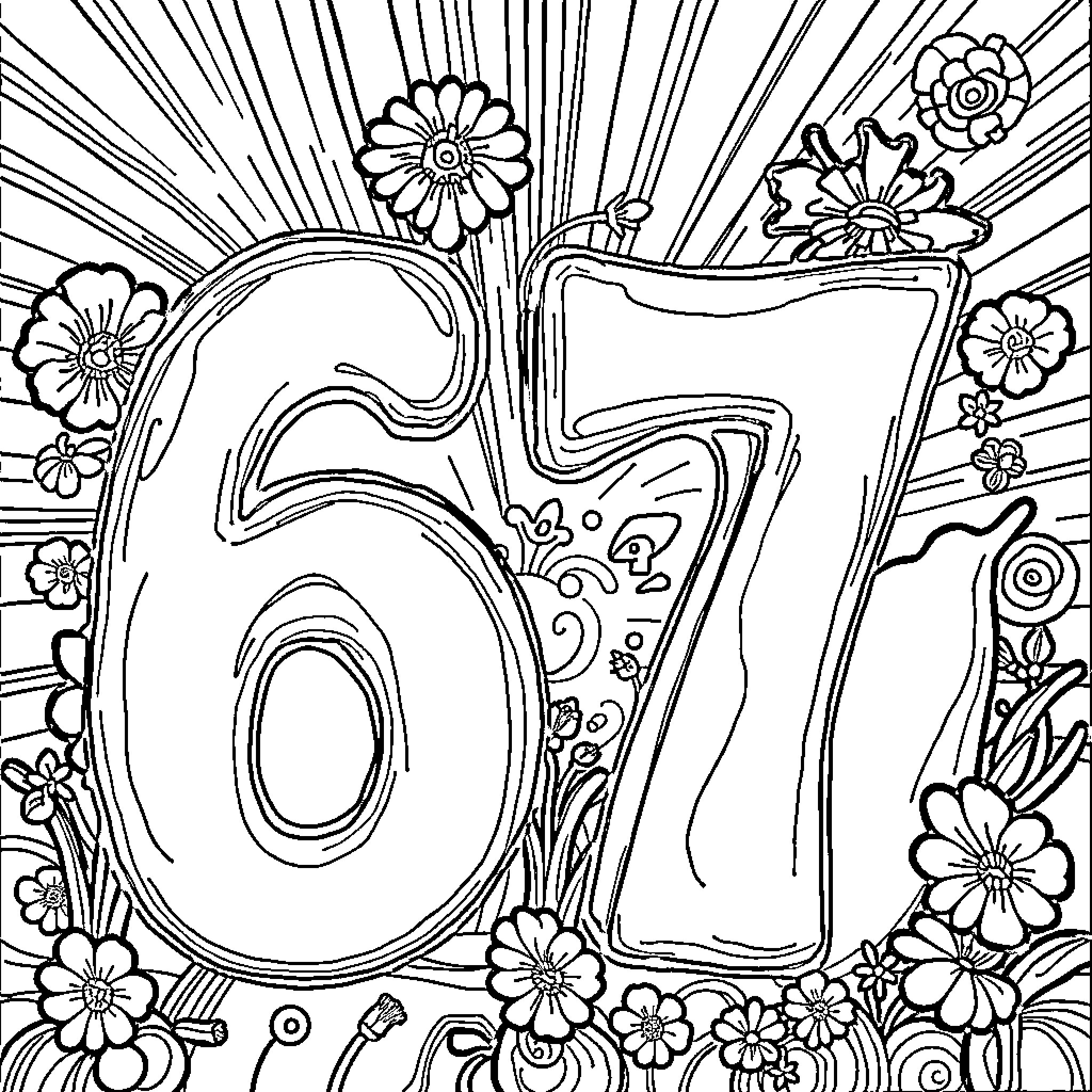 Meme with floral number 67 and decorative patterns Coloring Page (free black-and-white line drawing printable PDF for all, from beginners to advanced learners, including children, teens, adults, and seniors)