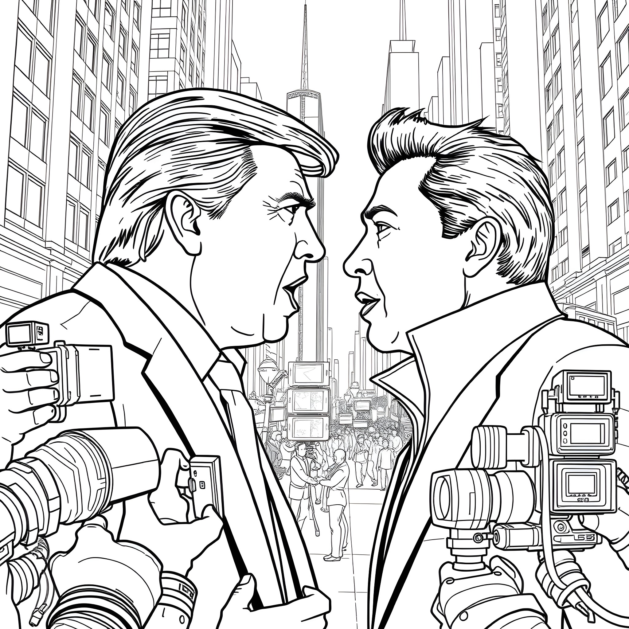 Donald Trump and Rival Politician Confrontation in City Coloring Page (free black-and-white line drawing printable PDF for all, from beginners to advanced learners, including children, teens, adults, and seniors)