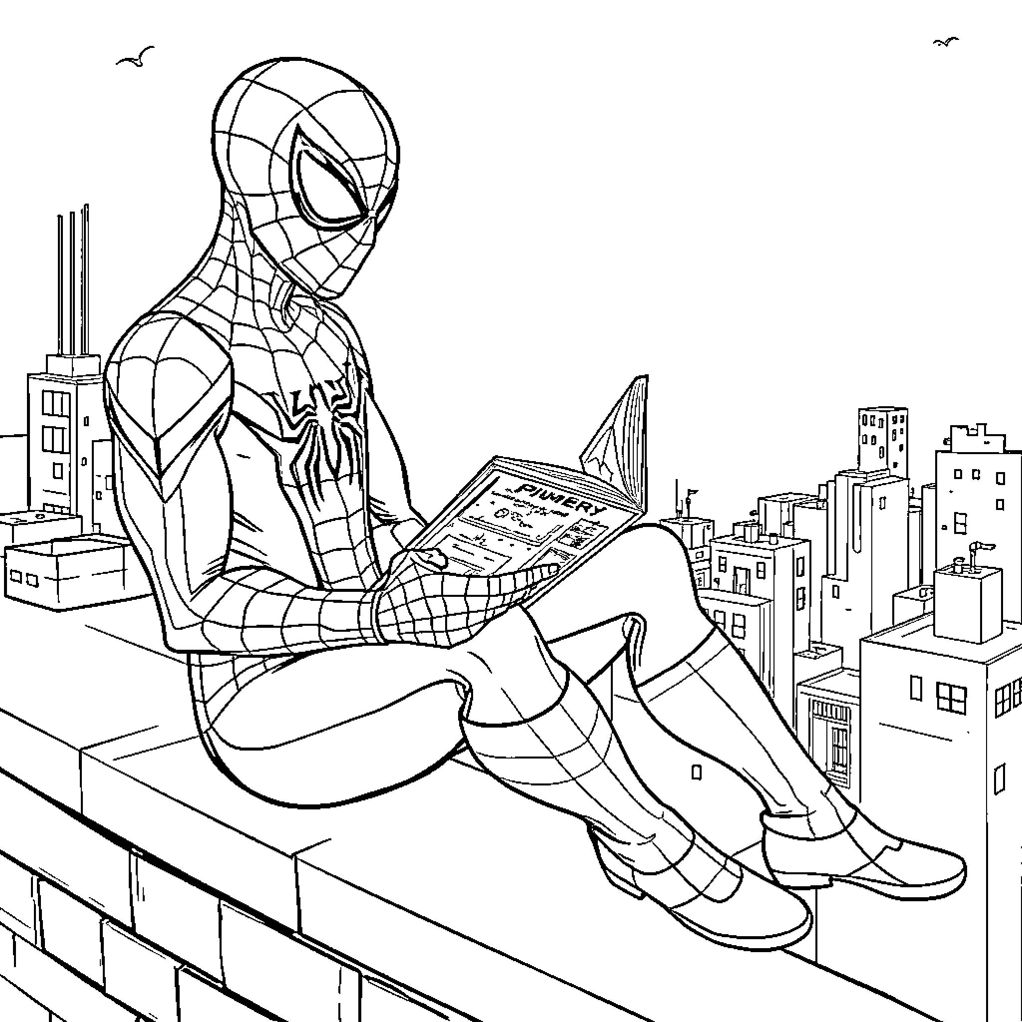 Spiderman reading comic book in the city Coloring Page (free black-and-white line drawing printable PDF for all, from beginners to advanced learners, including children, teens, adults, and seniors)