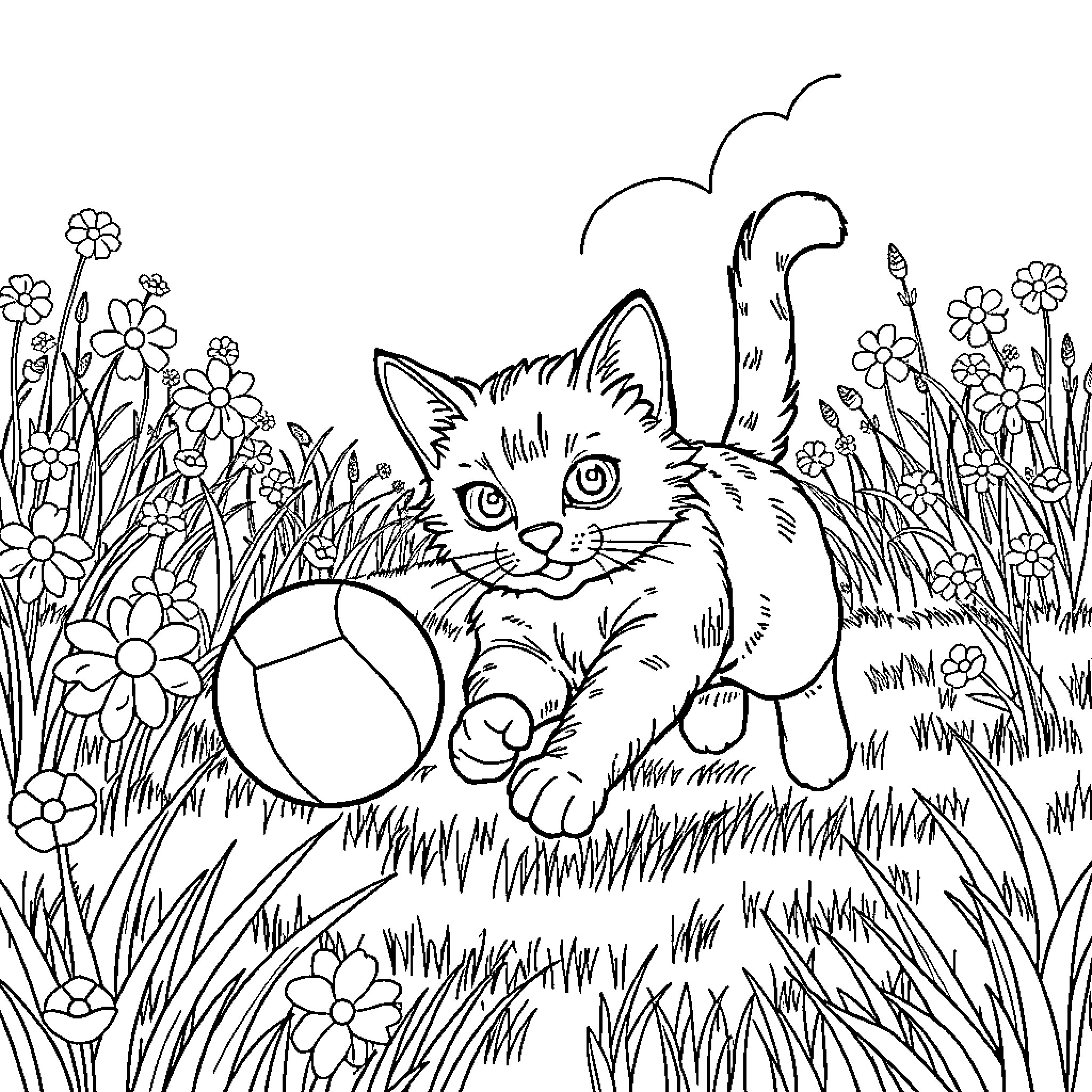 Cat playing happily in the garden Coloring Page (free black-and-white line drawing printable PDF for all, from beginners to advanced learners, including children, teens, adults, and seniors)