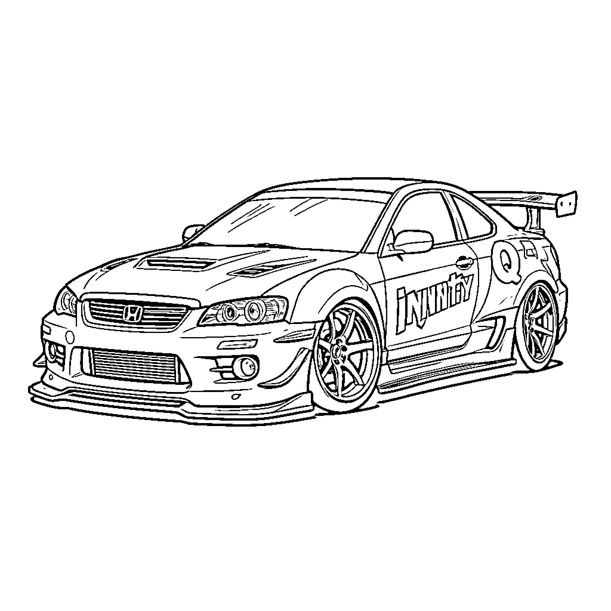 Infinity custom sports car parked on a plain background Coloring Page (free black-and-white line drawing printable PDF for all, from beginners to advanced learners, including children, teens, adults, and seniors)