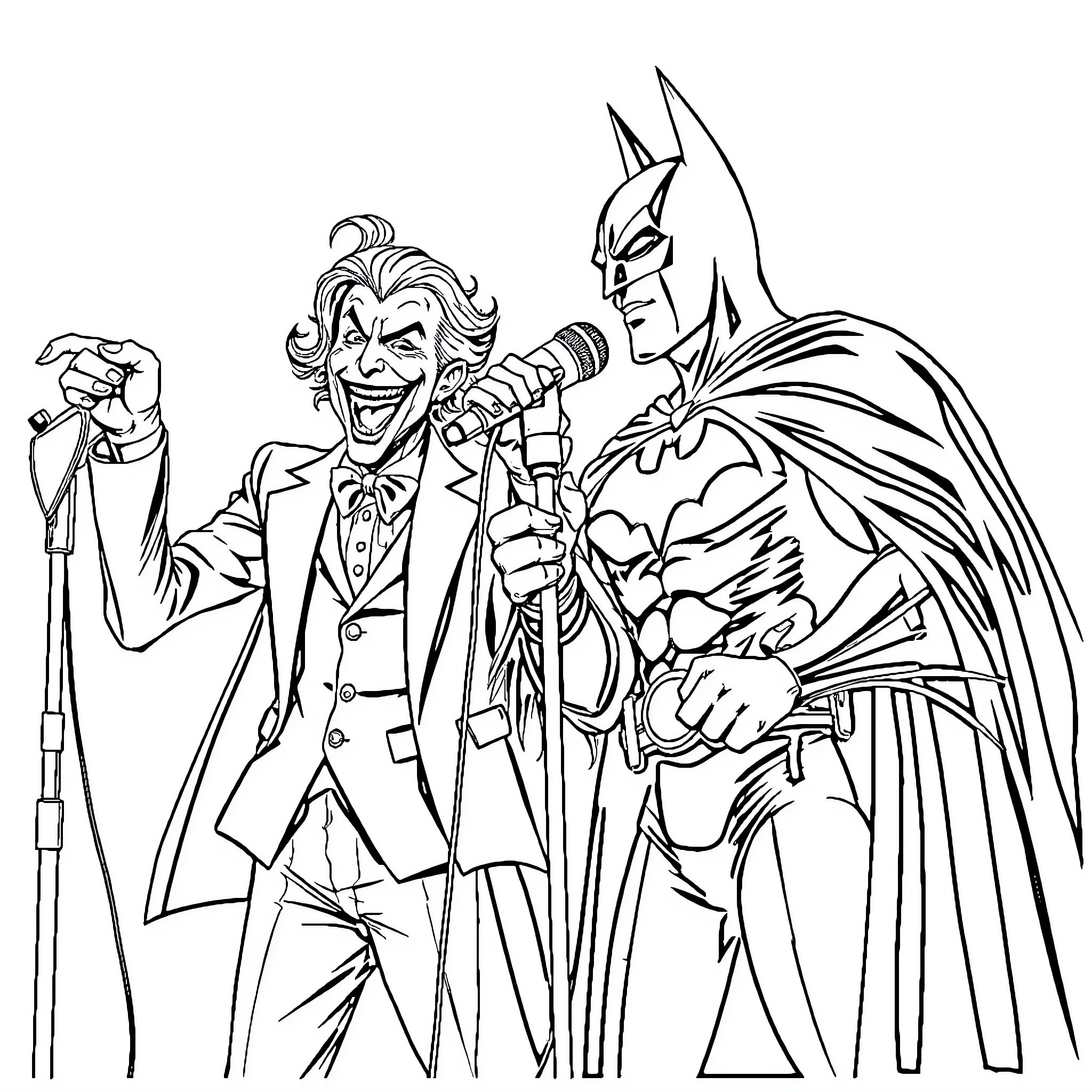 Batman and Joker Facing Off in Epic Showdown Coloring Page (free black-and-white line drawing printable PDF for all, from beginners to advanced learners, including children, teens, adults, and seniors)
