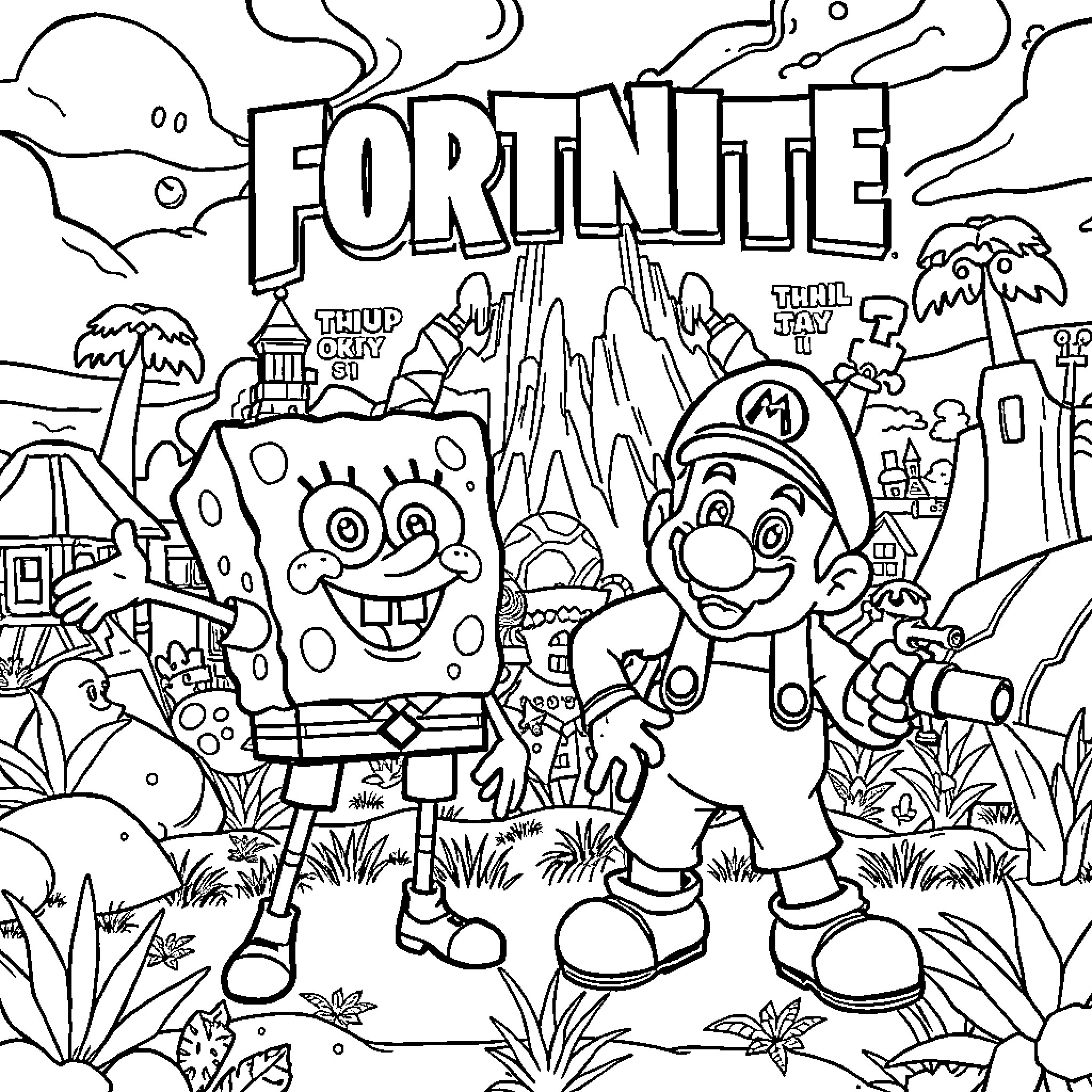 Spongebob and Mario in Fortnite landscape Coloring Page (free black-and-white line drawing printable PDF for all, from beginners to advanced learners, including children, teens, adults, and seniors)