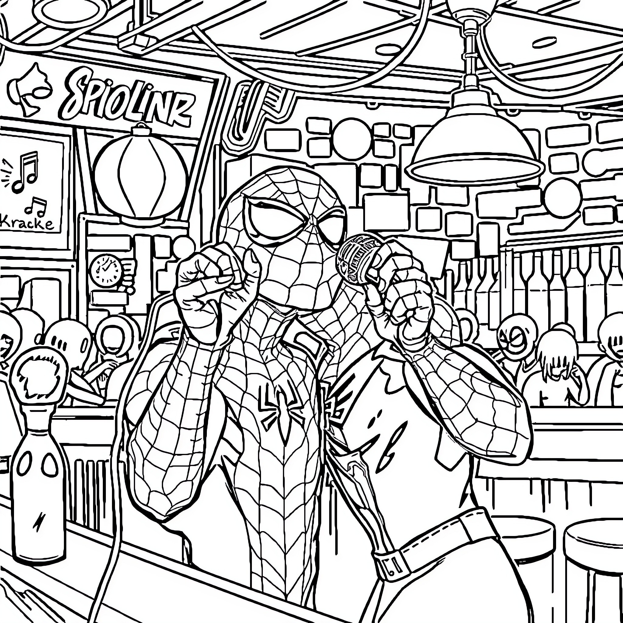 Spider-Man Swinging Through Colorful City Scene Coloring Page (free black-and-white line drawing printable PDF for all, from beginners to advanced learners, including children, teens, adults, and seniors)