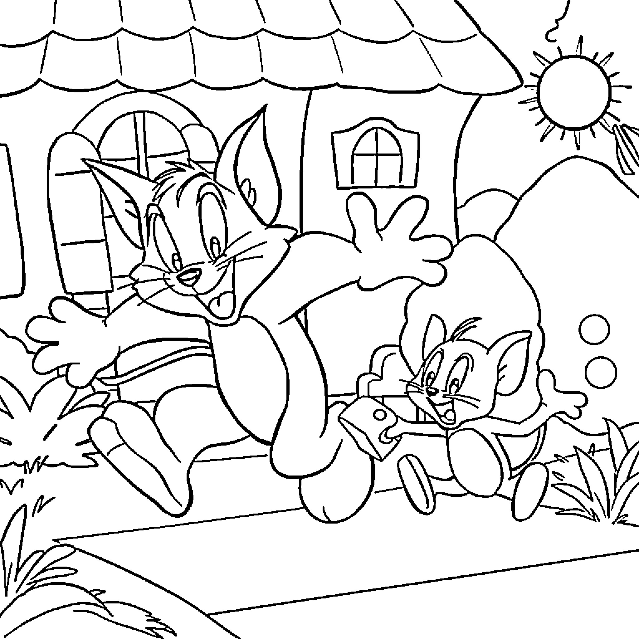 Tom and Jerry playing in the park Coloring Page (free black-and-white line drawing printable PDF for all, from beginners to advanced learners, including children, teens, adults, and seniors)