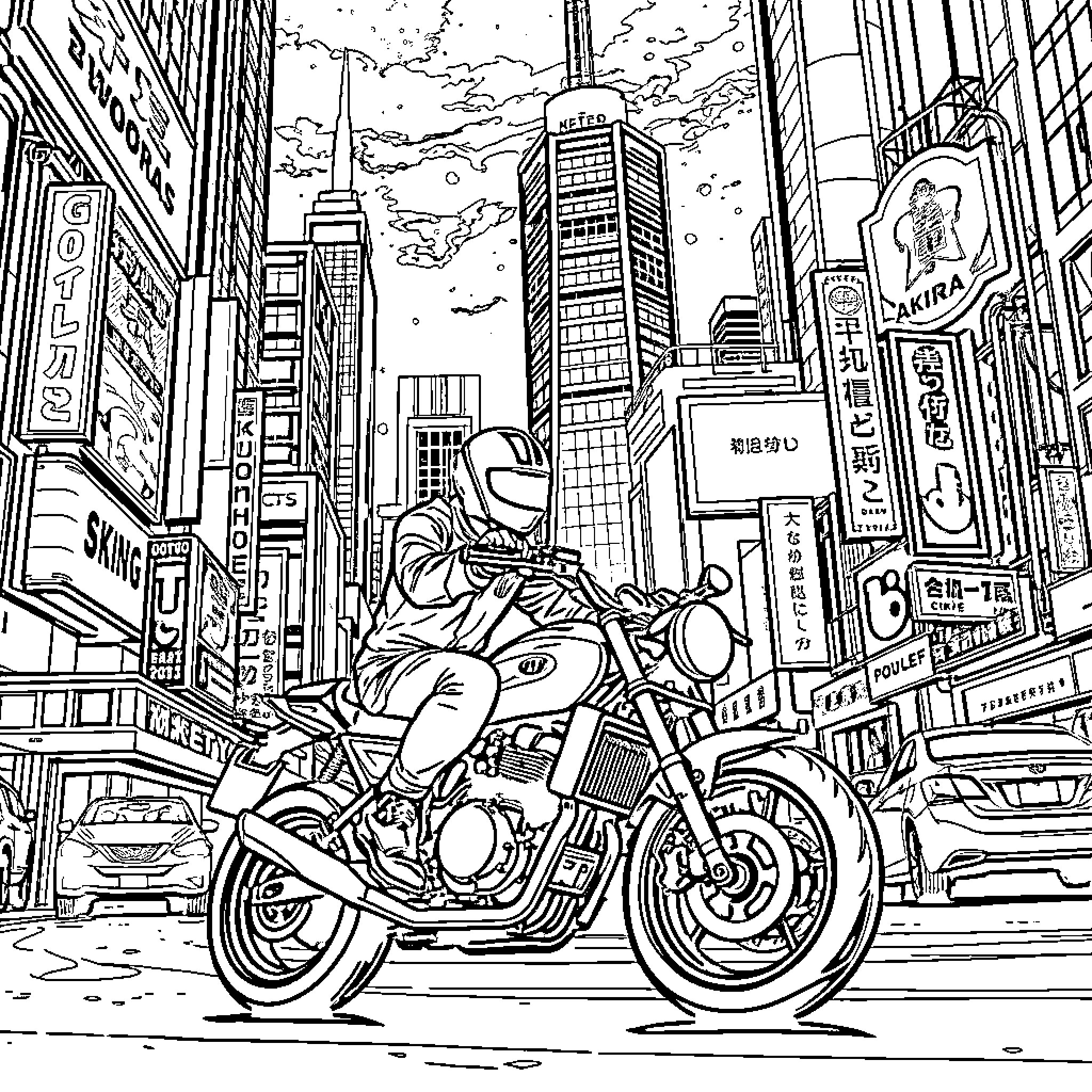 Akira in Futuristic City Riding Motorcycle Coloring Page (free black-and-white line drawing printable PDF for all, from beginners to advanced learners, including children, teens, adults, and seniors)