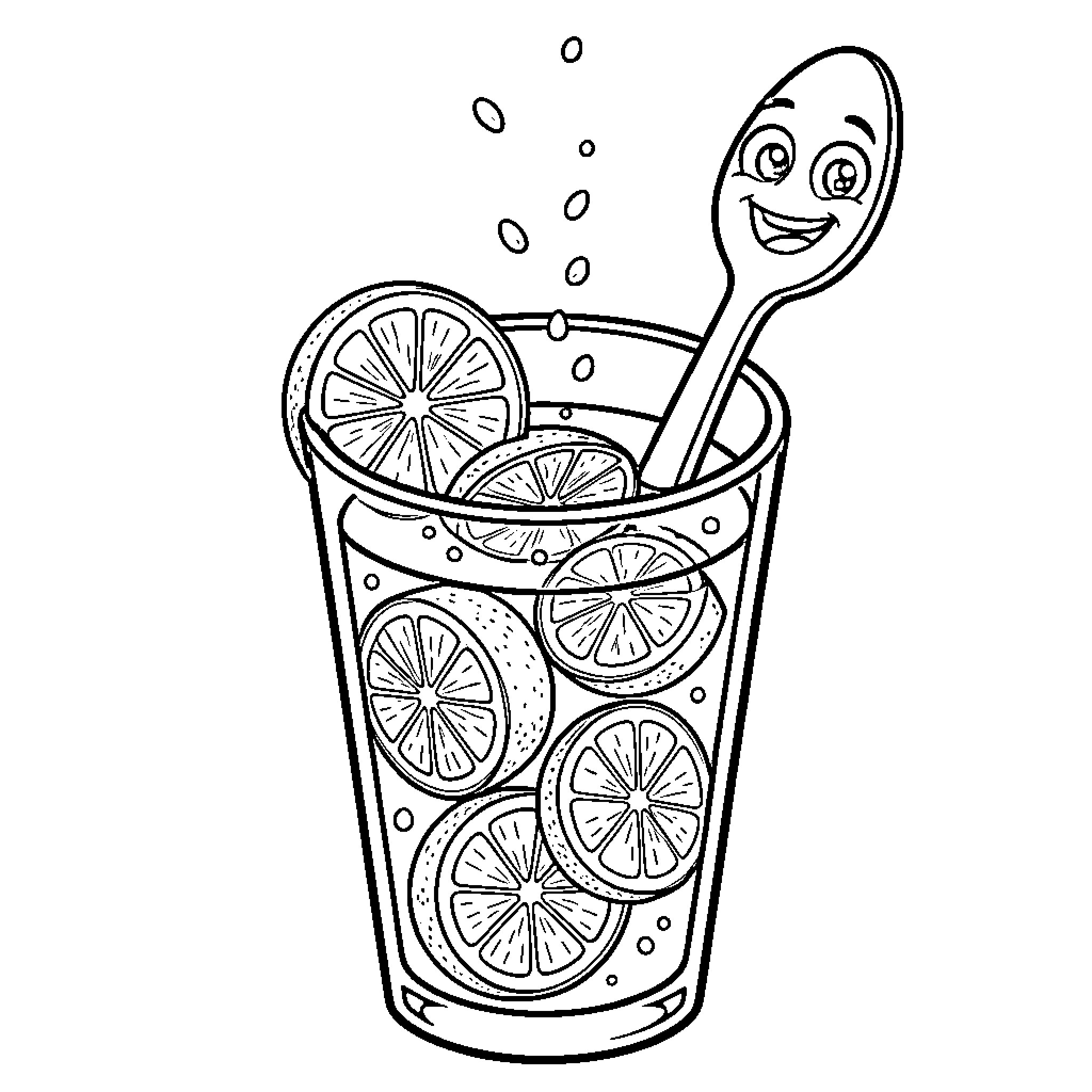 Cuchara with refreshing lemonade drink Coloring Page (free black-and-white line drawing printable PDF for all, from beginners to advanced learners, including children, teens, adults, and seniors)