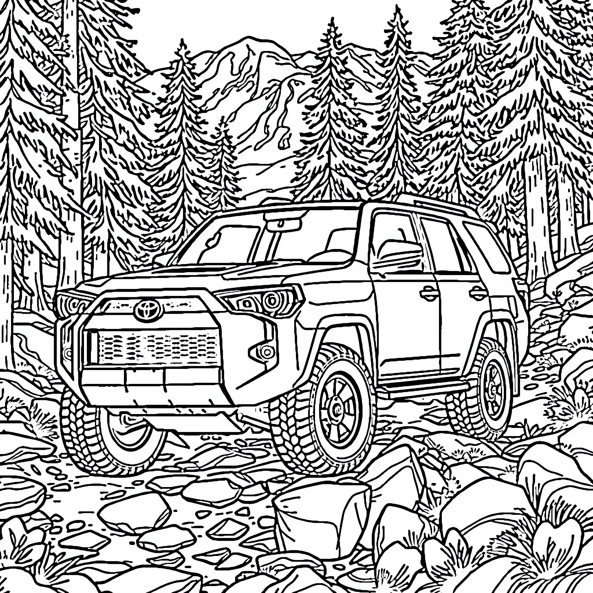 Toyota 4Runner exploring rugged mountain terrain Coloring Page (free black-and-white line drawing printable PDF for all, from beginners to advanced learners, including children, teens, adults, and seniors)