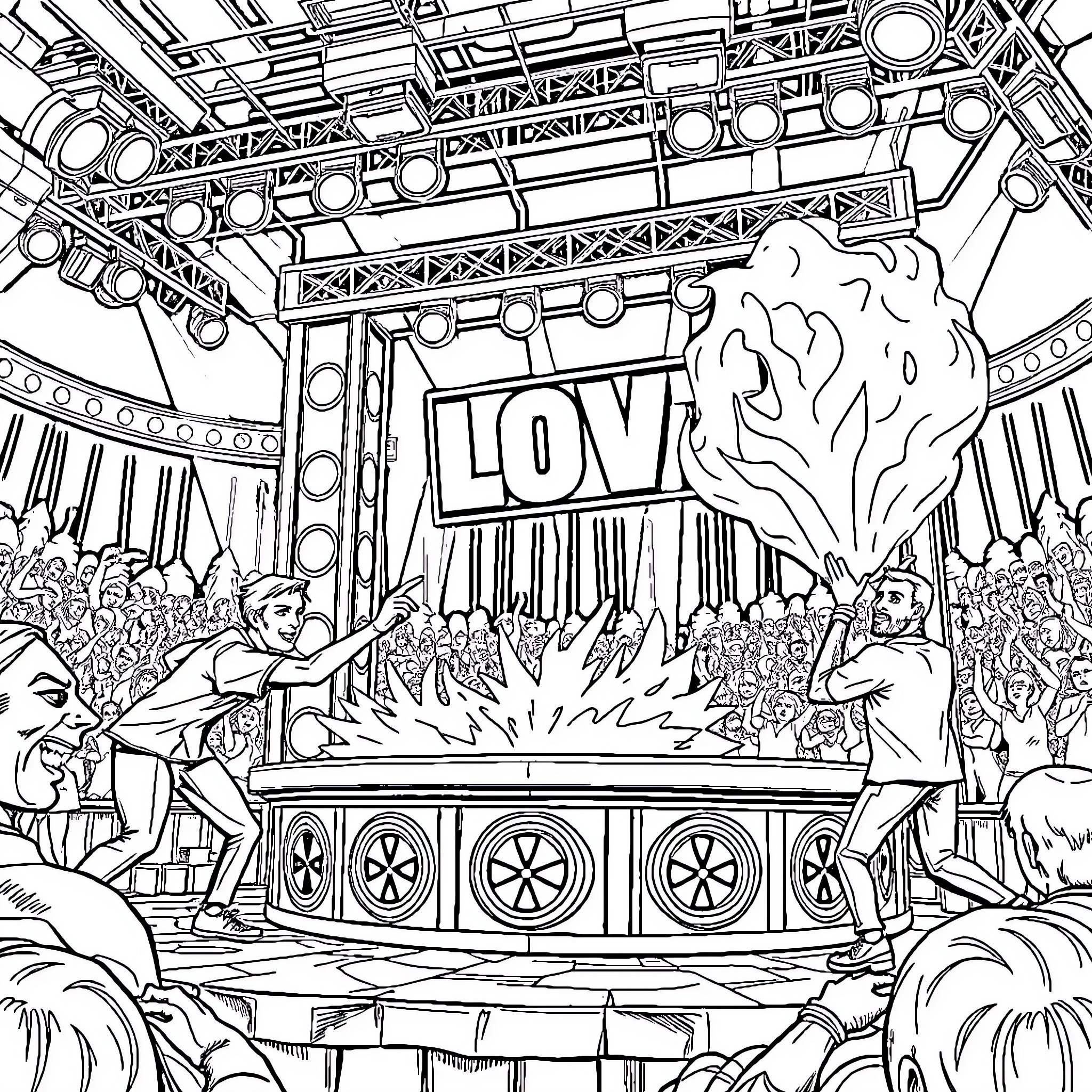 Squid Game contestants in stylized arena setting Coloring Page (free black-and-white line drawing printable PDF for all, from beginners to advanced learners, including children, teens, adults, and seniors)