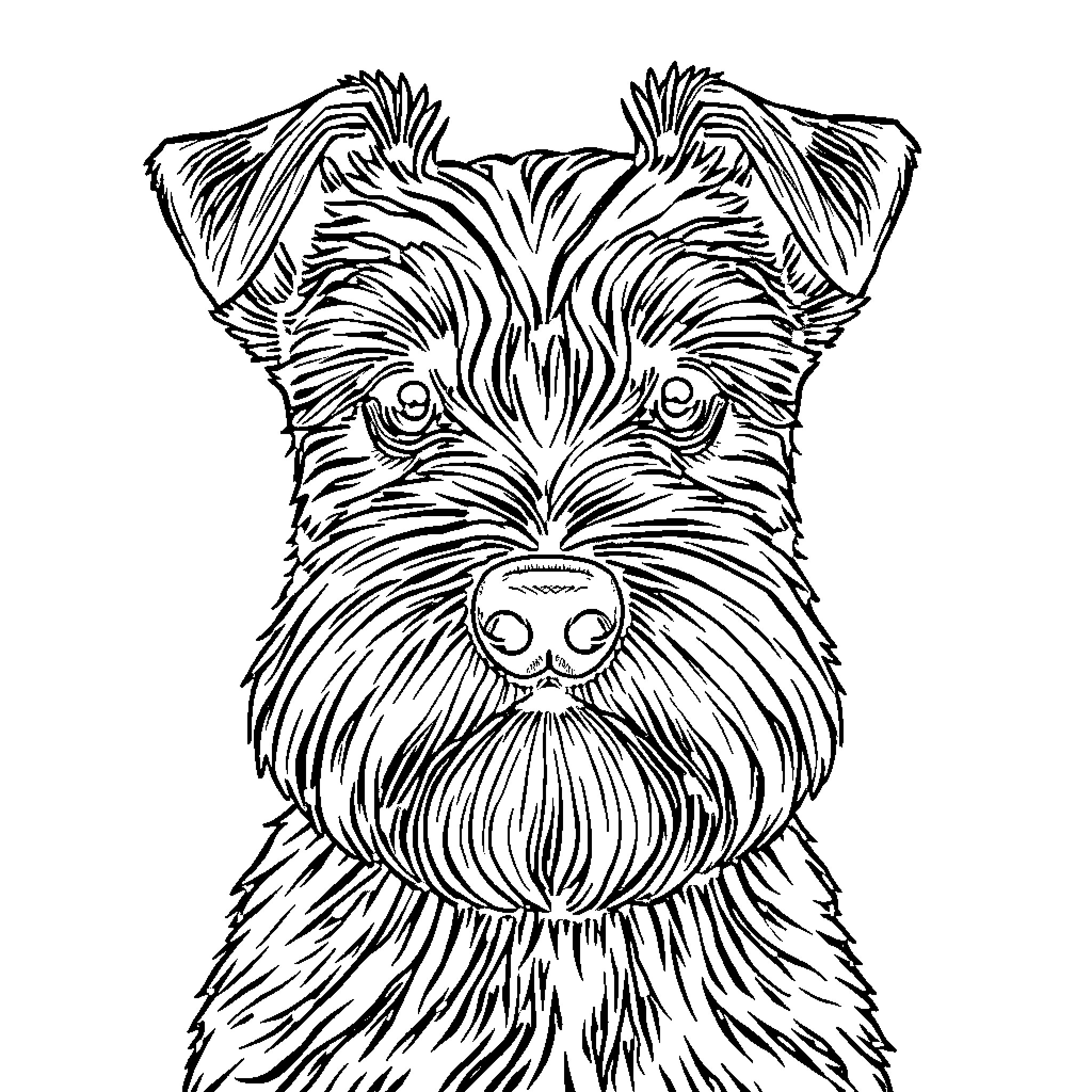 Schnauzer dog with fluffy, expressive face Coloring Page (free black-and-white line drawing printable PDF for all, from beginners to advanced learners, including children, teens, adults, and seniors)