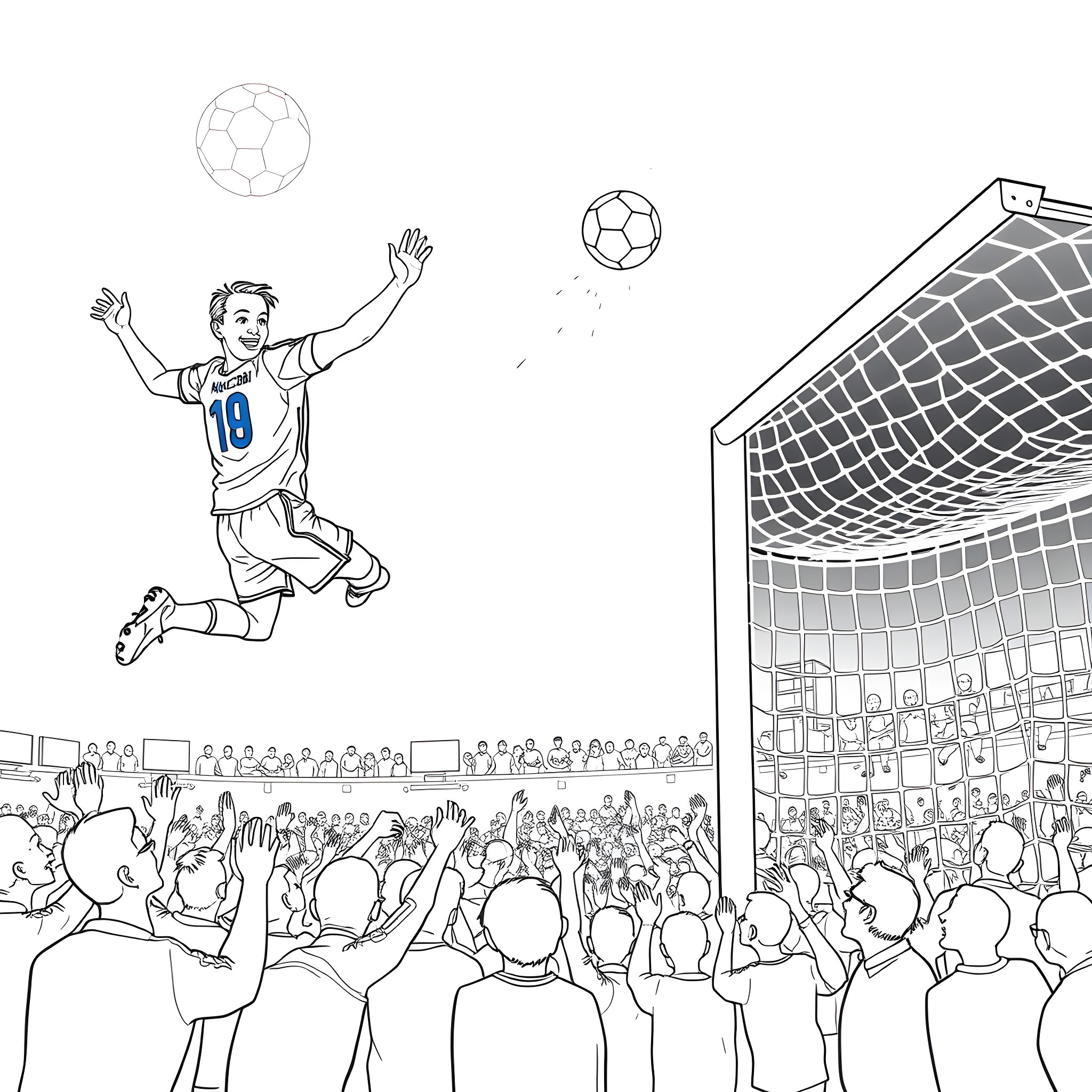 Soccer Player Scoring Goal in Front of Cheering Crowd Coloring Page (free black-and-white line drawing printable PDF for all, from beginners to advanced learners, including children, teens, adults, and seniors)