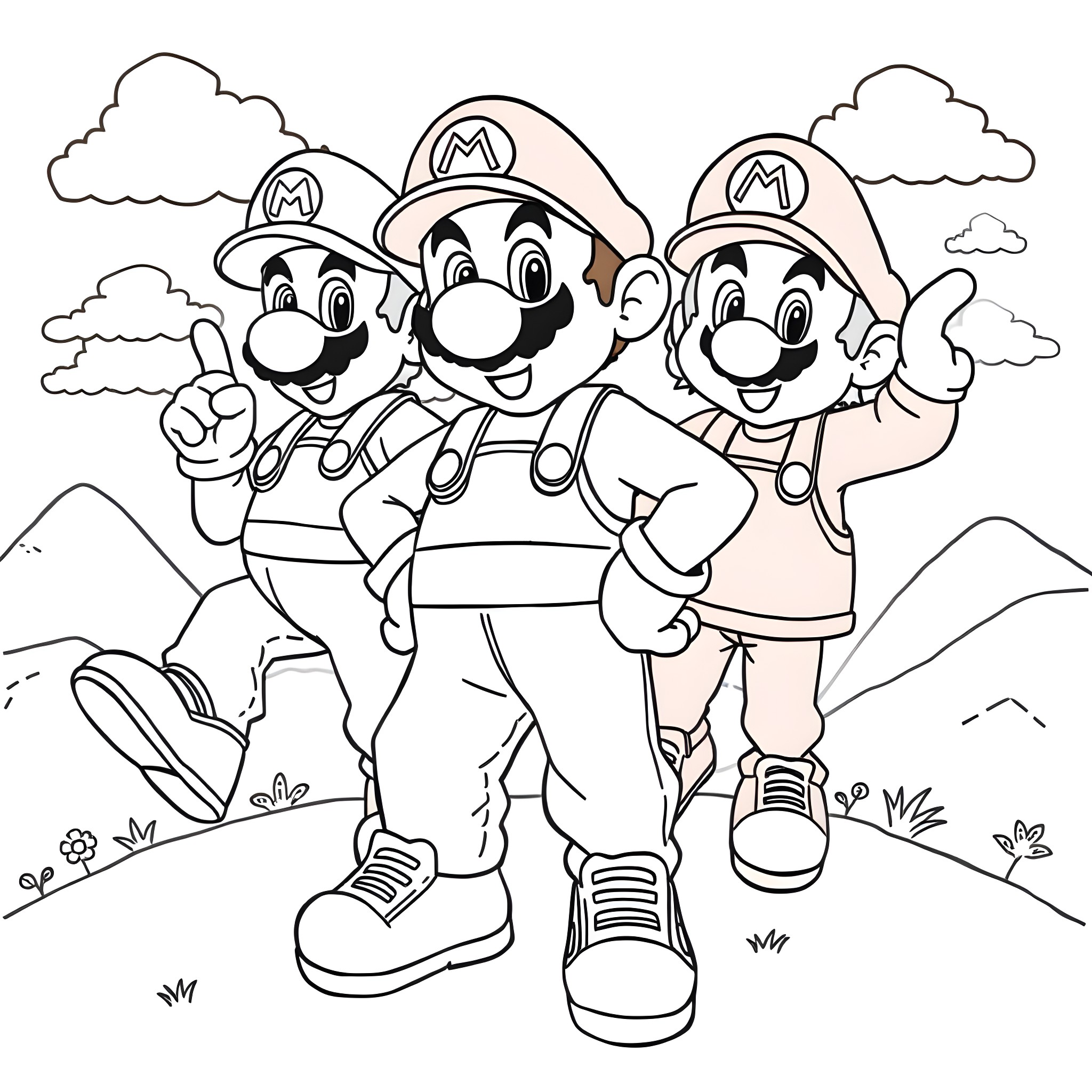 Mario Brothers Exploring the Outdoors Coloring Page (free black-and-white line drawing printable PDF for all, from beginners to advanced learners, including children, teens, adults, and seniors)