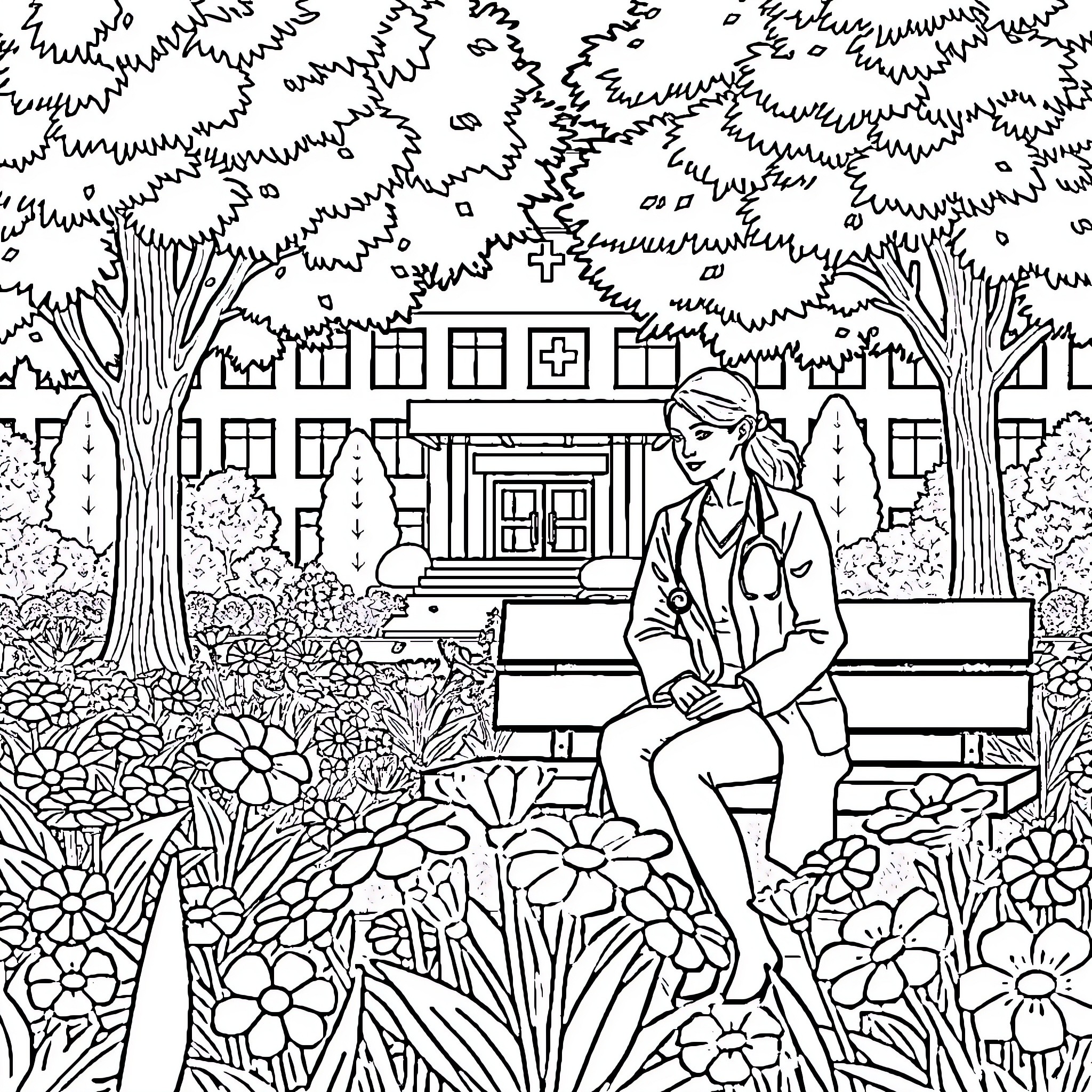 Doctor in Medical Uniform Resting in Garden Coloring Page (free black-and-white line drawing printable PDF for all, from beginners to advanced learners, including children, teens, adults, and seniors)