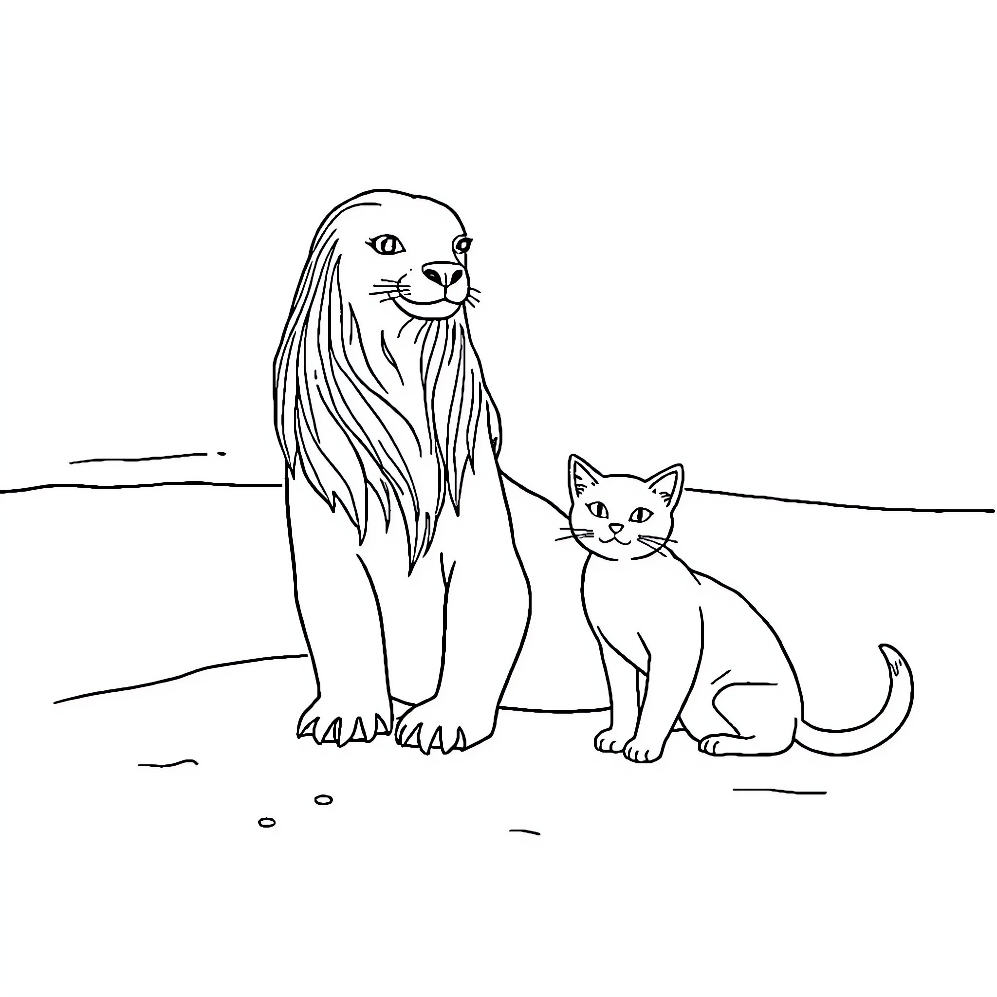 Siren Lion and Feline Companion in Landscape Coloring Page (free black-and-white line drawing printable PDF for all, from beginners to advanced learners, including children, teens, adults, and seniors)