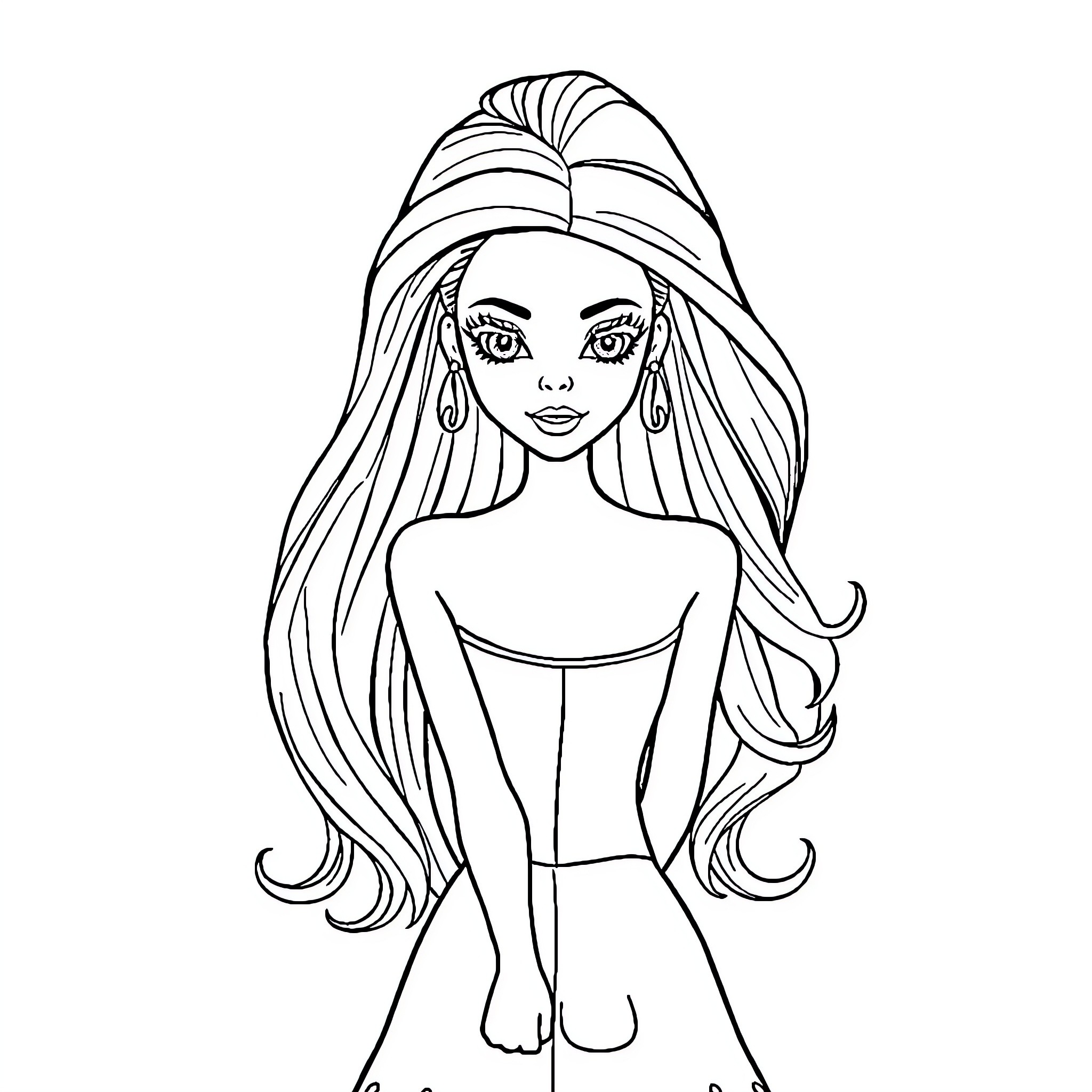Barbie posing confidently with elegant hairstyle Coloring Page (free black-and-white line drawing printable PDF for all, from beginners to advanced learners, including children, teens, adults, and seniors)