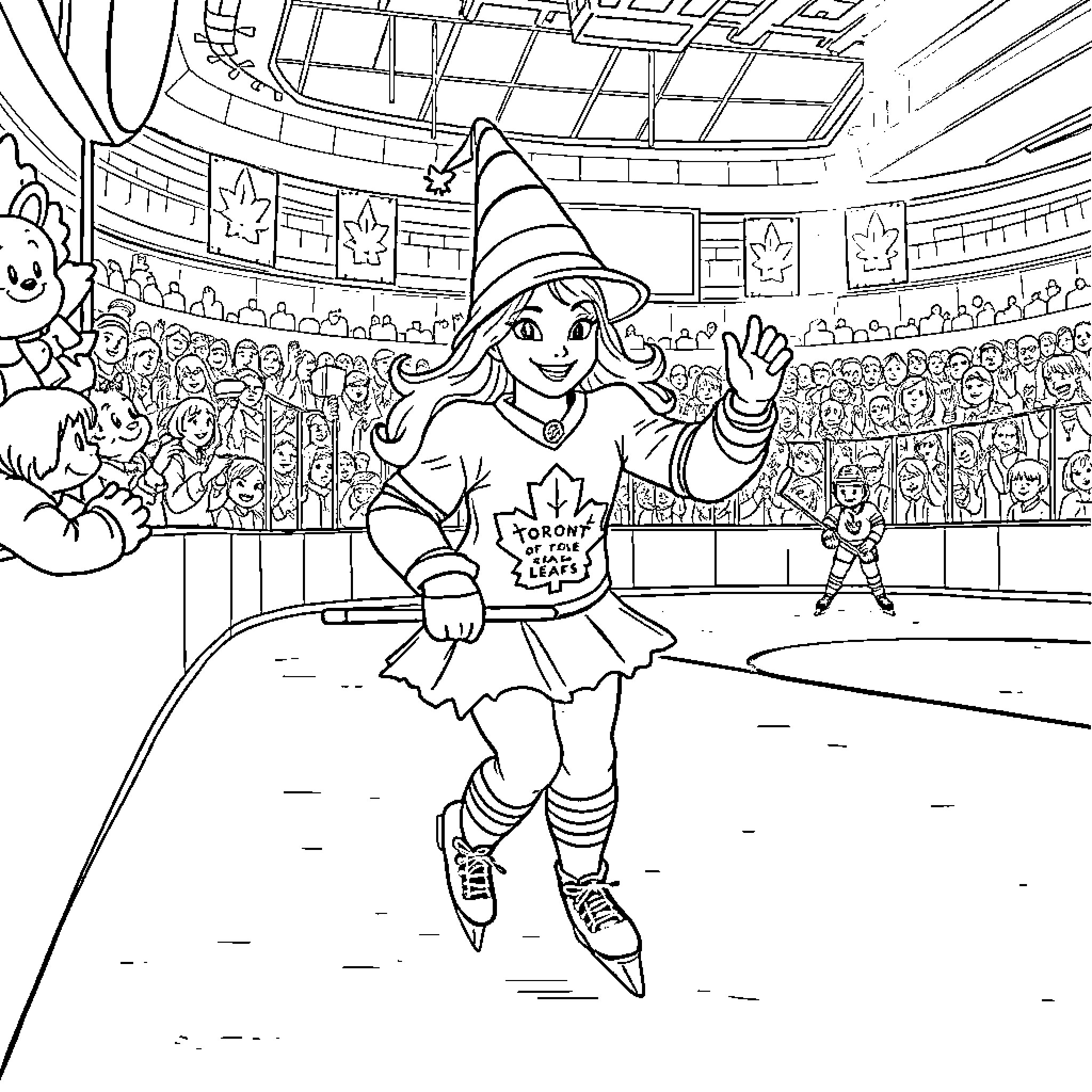 Glinda the Ice Skater Performing in the Arena Coloring Page (free black-and-white line drawing printable PDF for all, from beginners to advanced learners, including children, teens, adults, and seniors)