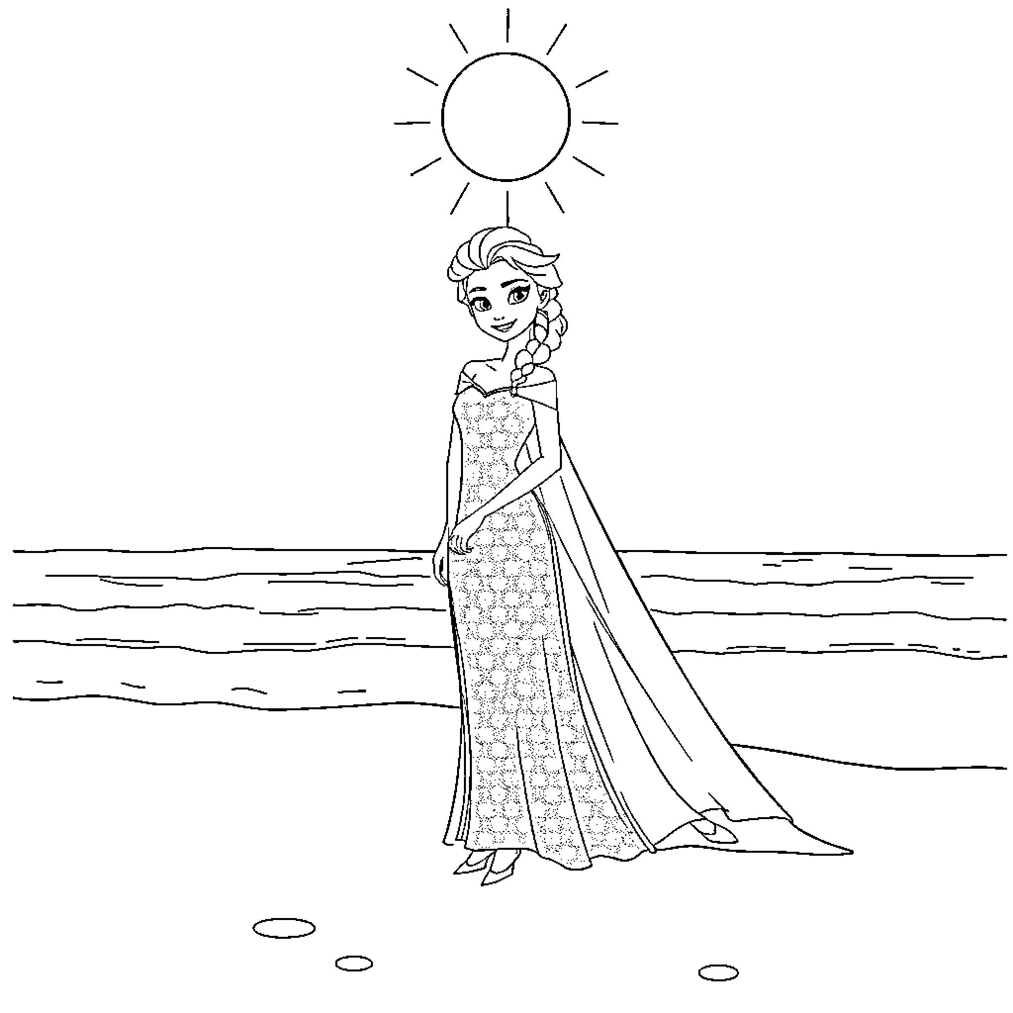 Elsa enjoying the sunny beach Coloring Page (free black-and-white line drawing printable PDF for all, from beginners to advanced learners, including children, teens, adults, and seniors)