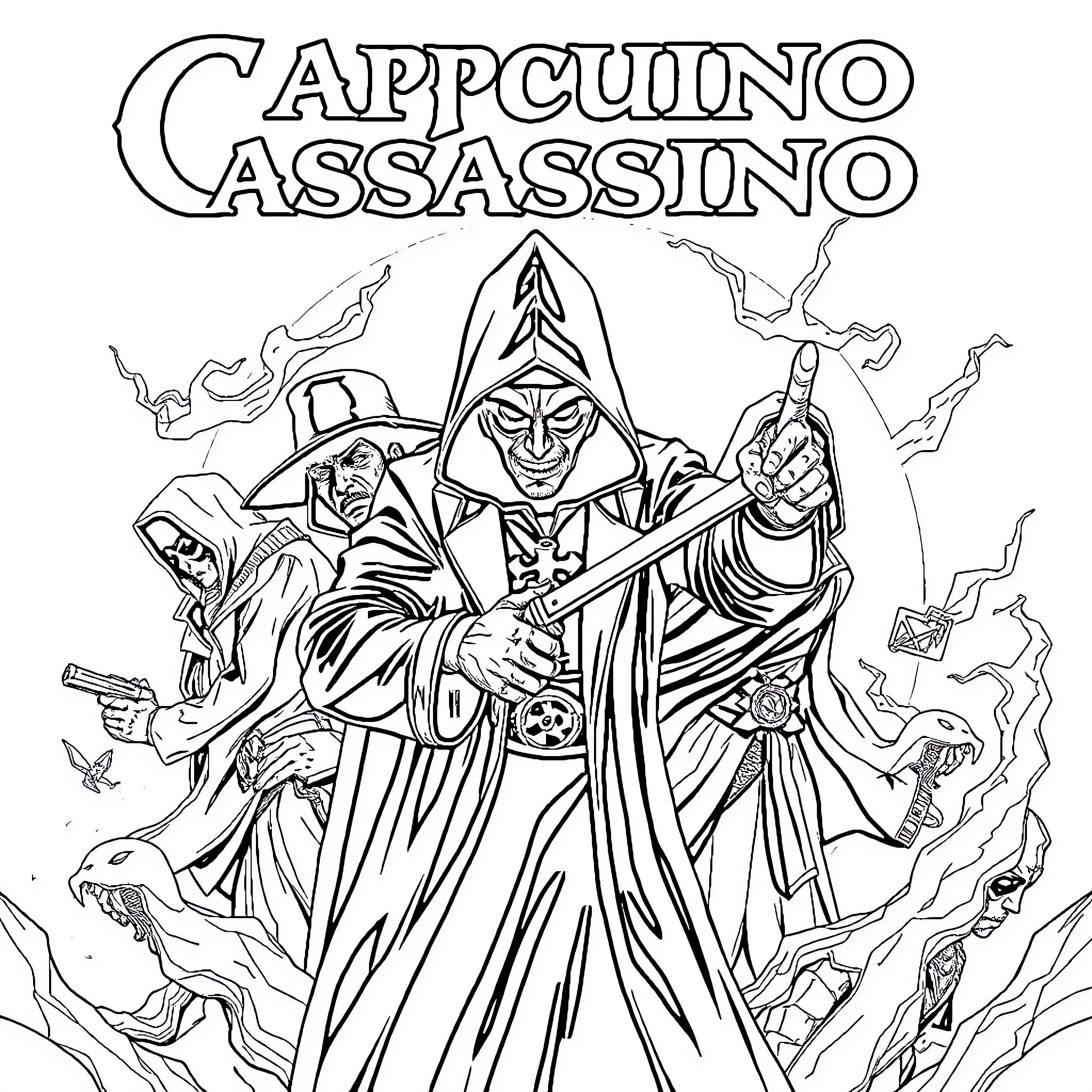 Capuchin Assassins in Action Coloring Page (free black-and-white line drawing printable PDF for all, from beginners to advanced learners, including children, teens, adults, and seniors)