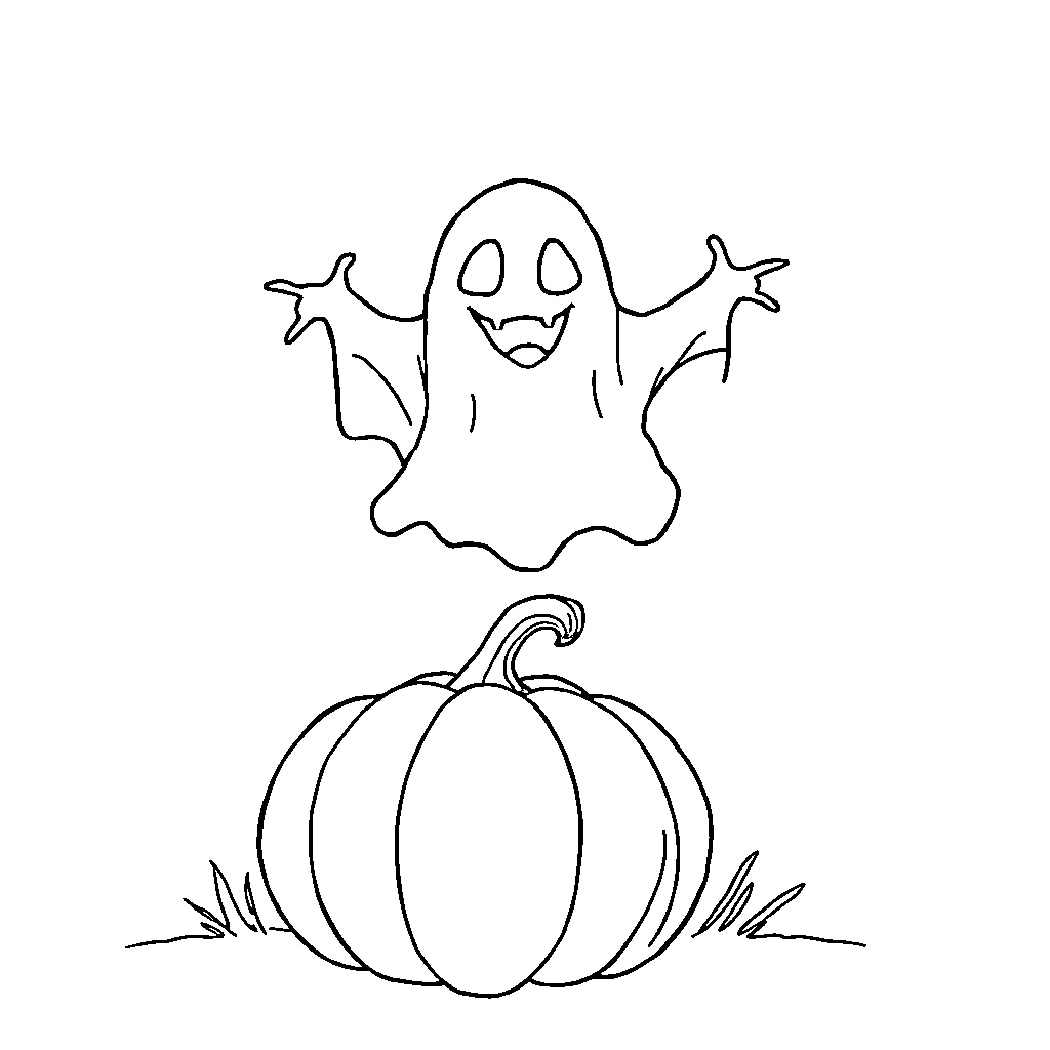 Ghost Playfully Floating Over Pumpkin Coloring Page (free black-and-white line drawing printable PDF for all, from beginners to advanced learners, including children, teens, adults, and seniors)