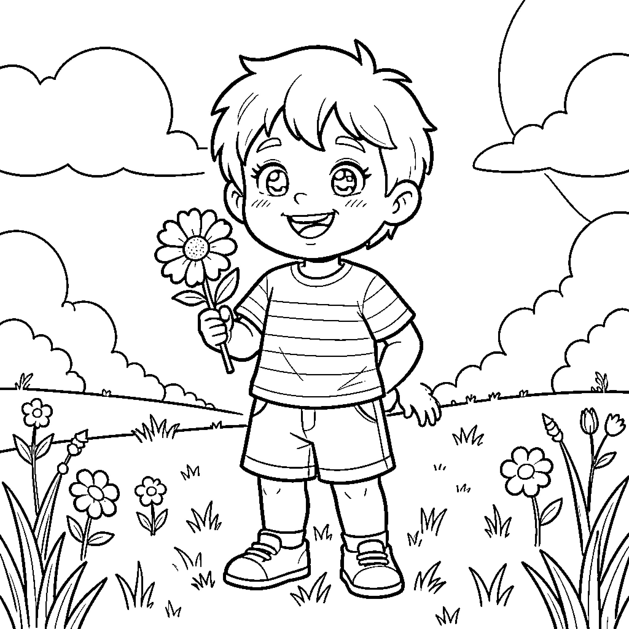 Kid smiling while holding a flower in a field Coloring Page (free black-and-white line drawing printable PDF for all, from beginners to advanced learners, including children, teens, adults, and seniors)