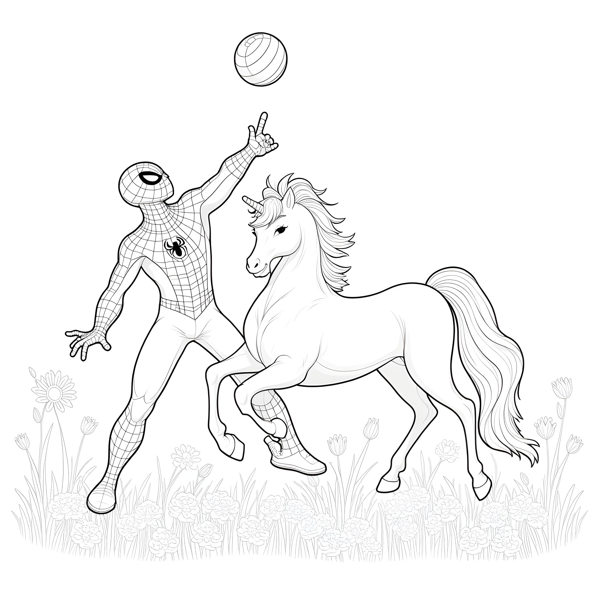 Spiderman playing with a unicorn in a field Coloring Page (free black-and-white line drawing printable PDF for all, from beginners to advanced learners, including children, teens, adults, and seniors)