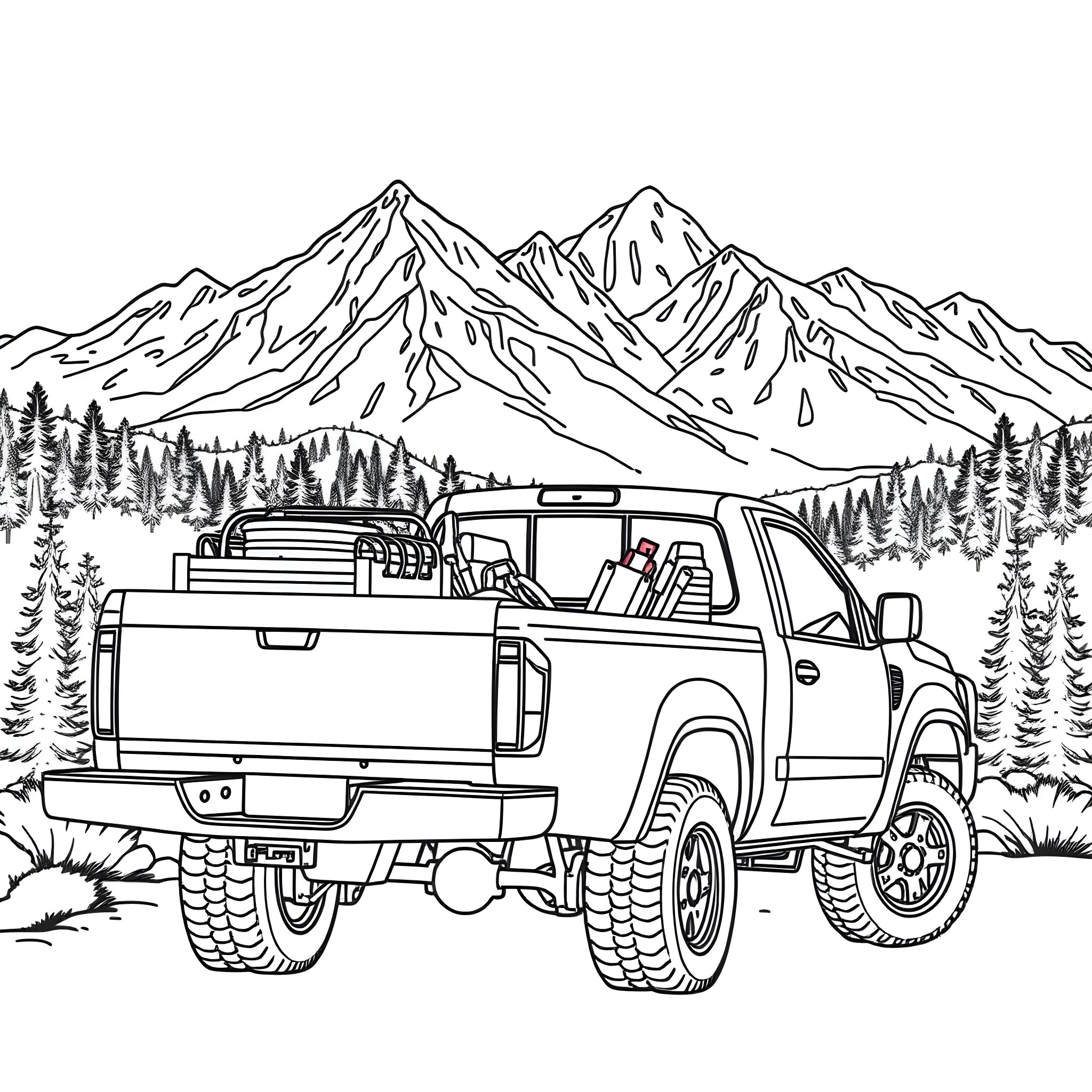 Pickup Truck Exploring Mountainous Terrain Coloring Page (free black-and-white line drawing printable PDF for all, from beginners to advanced learners, including children, teens, adults, and seniors)