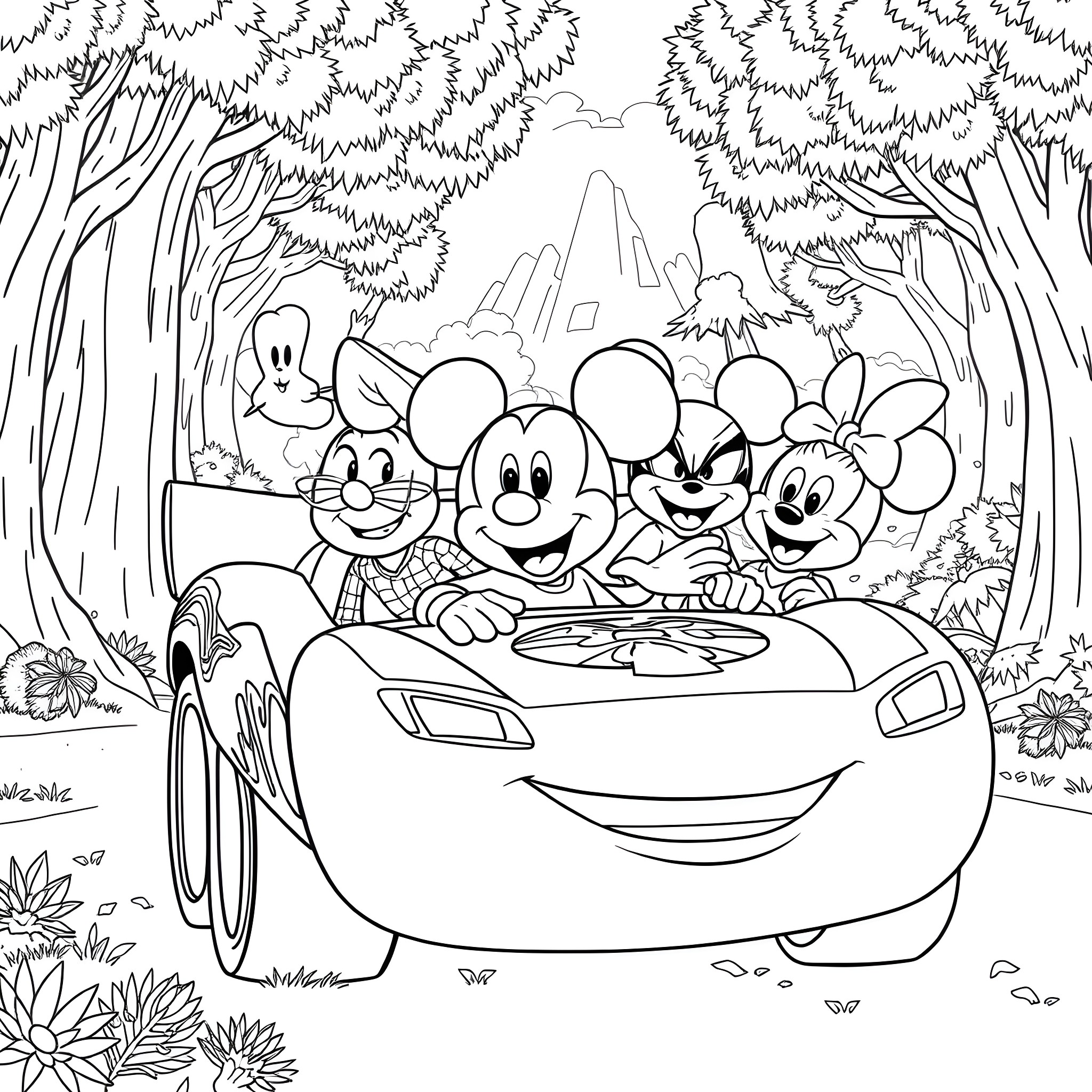 Mickey Mouse and friends driving through the forest Coloring Page (free black-and-white line drawing printable PDF for all, from beginners to advanced learners, including children, teens, adults, and seniors)
