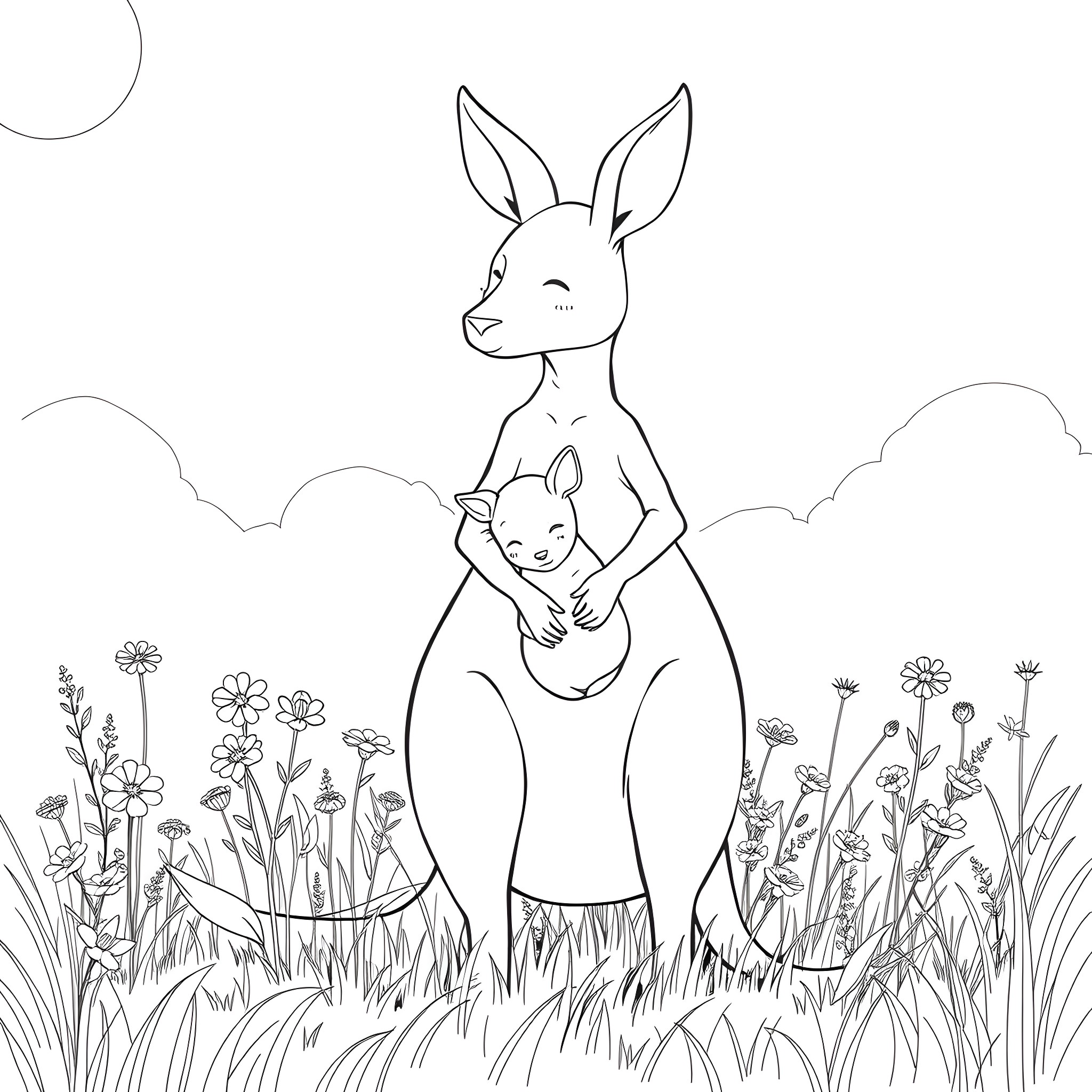 Kangaroo mother holding baby in the grassy field Coloring Page (free black-and-white line drawing printable PDF for all, from beginners to advanced learners, including children, teens, adults, and seniors)