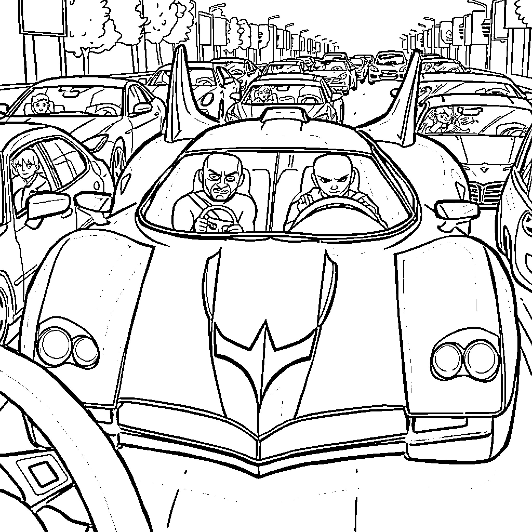 Batmobile speeding through the city traffic Coloring Page (free black-and-white line drawing printable PDF for all, from beginners to advanced learners, including children, teens, adults, and seniors)