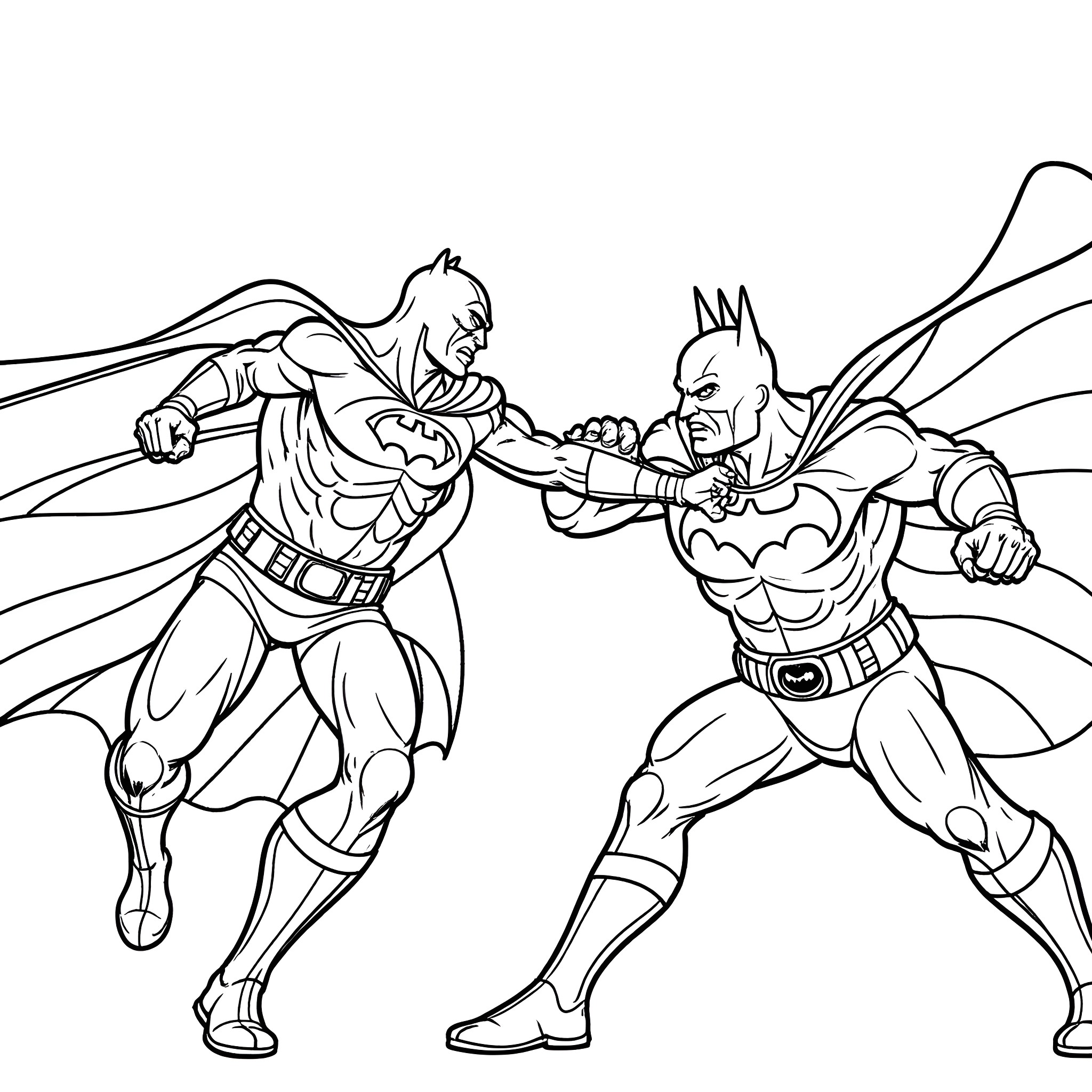 Batman in Intense Superhero Battle Coloring Page (free black-and-white line drawing printable PDF for all, from beginners to advanced learners, including children, teens, adults, and seniors)