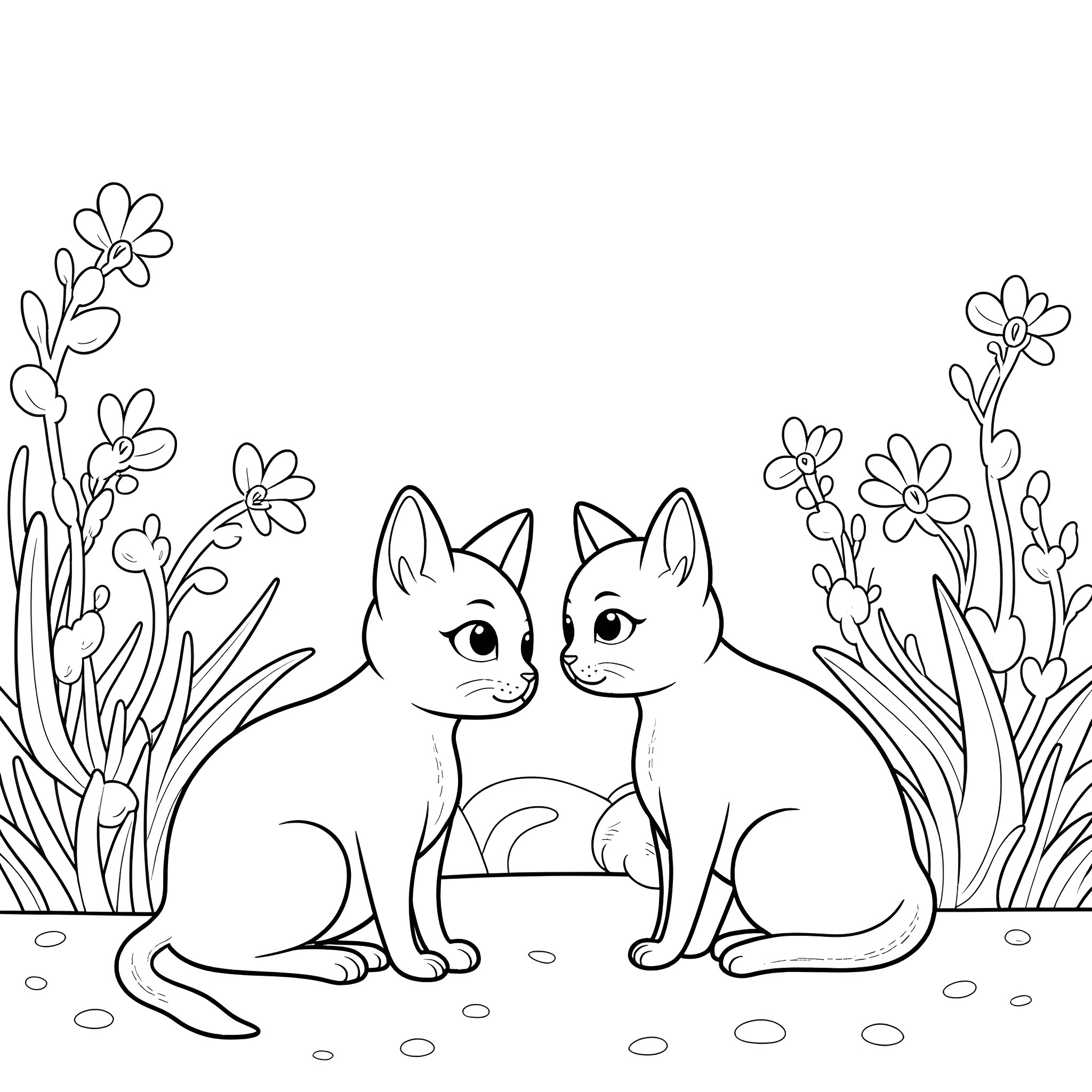 Cats among flowers in a field Coloring Page (free black-and-white line drawing printable PDF for all, from beginners to advanced learners, including children, teens, adults, and seniors)