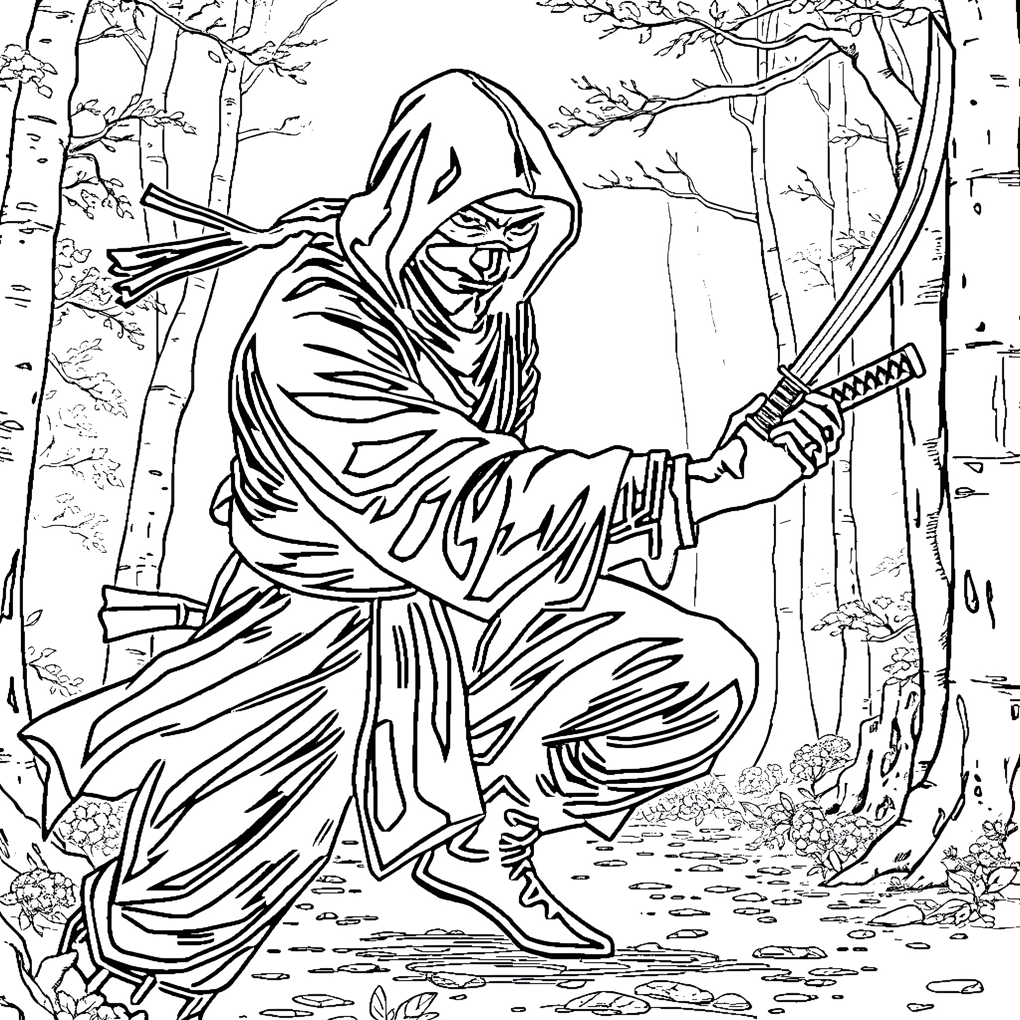 Ninja Warrior's Stealth Advance in the Forest Coloring Page (free black-and-white line drawing printable PDF for all, from beginners to advanced learners, including children, teens, adults, and seniors)