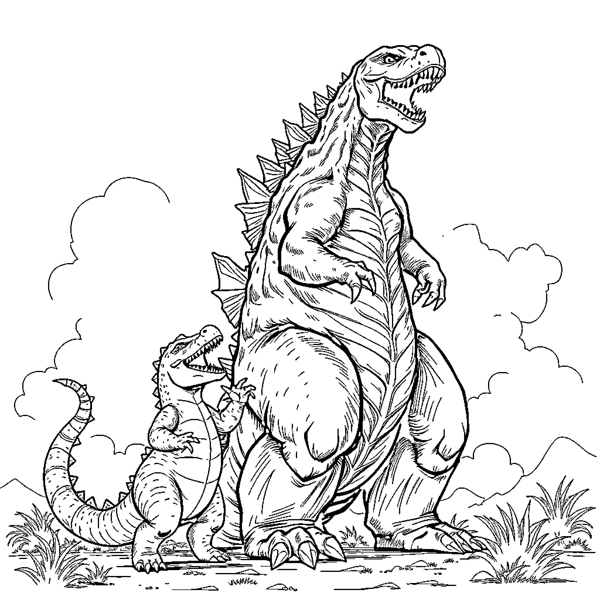 Godzilla Roaring Dominantly Amongst Smaller Dinosaurs Coloring Page (free black-and-white line drawing printable PDF for all, from beginners to advanced learners, including children, teens, adults, and seniors)