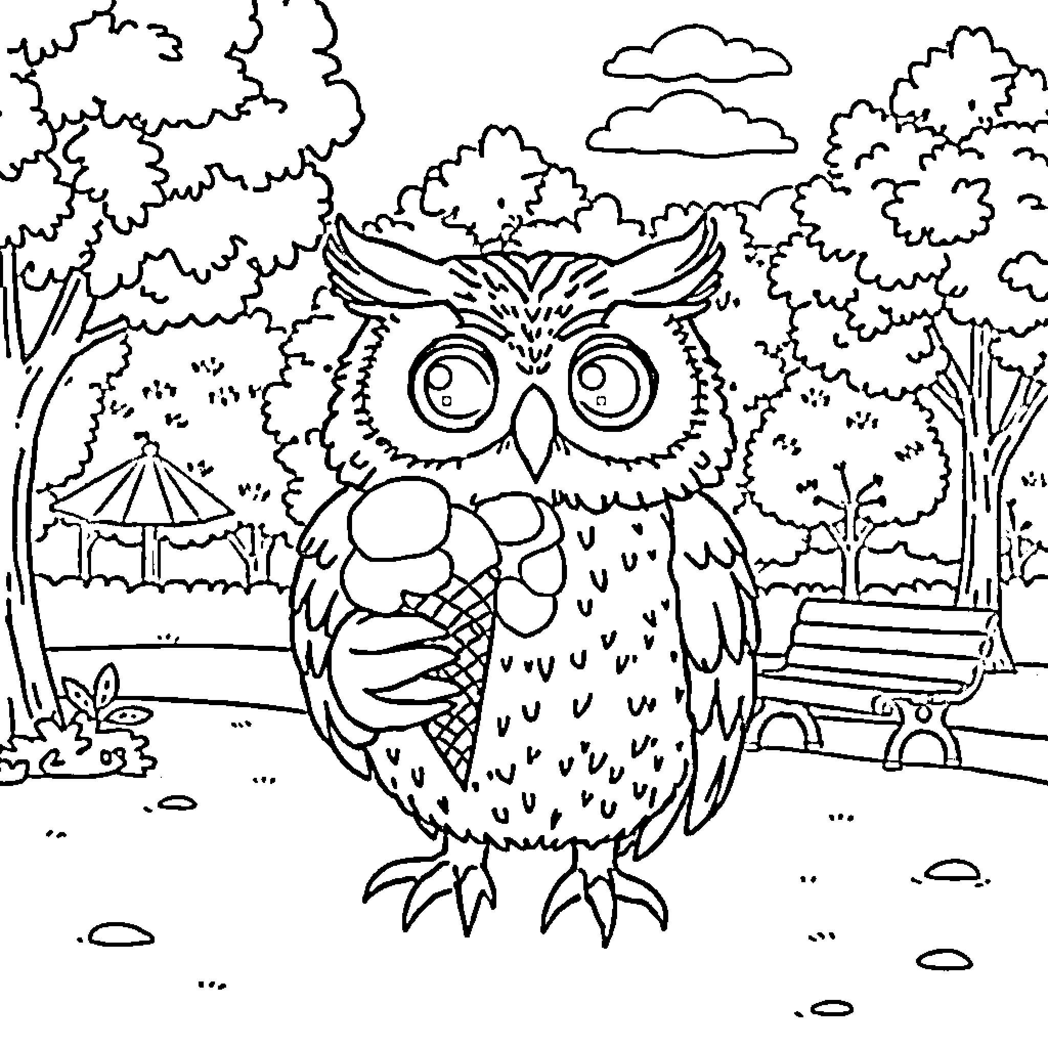 Owl perched in a park with trees and clouds Coloring Page (free black-and-white line drawing printable PDF for all, from beginners to advanced learners, including children, teens, adults, and seniors)