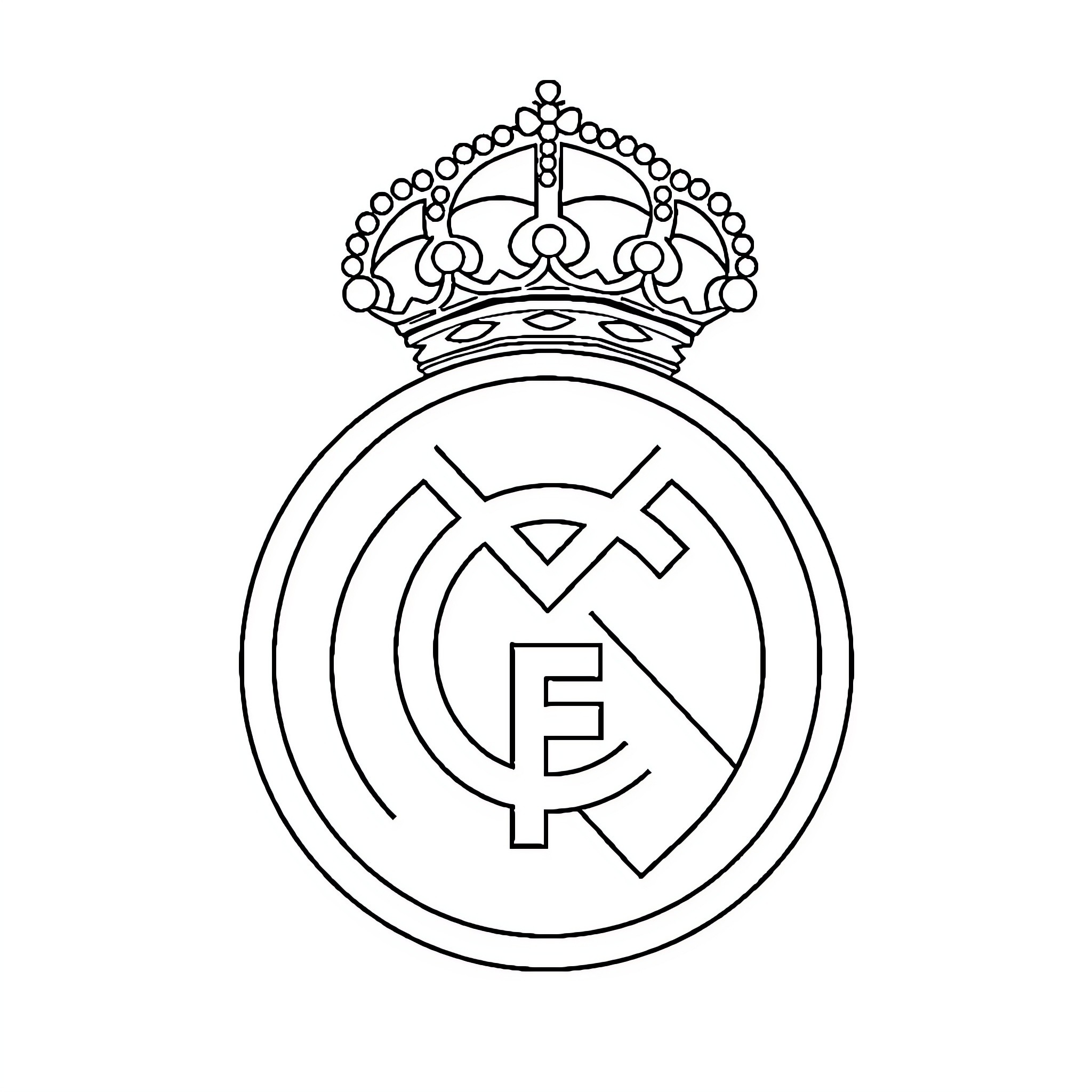 Real Madrid Club Crest with Crown Coloring Page (free black-and-white line drawing printable PDF for all, from beginners to advanced learners, including children, teens, adults, and seniors)