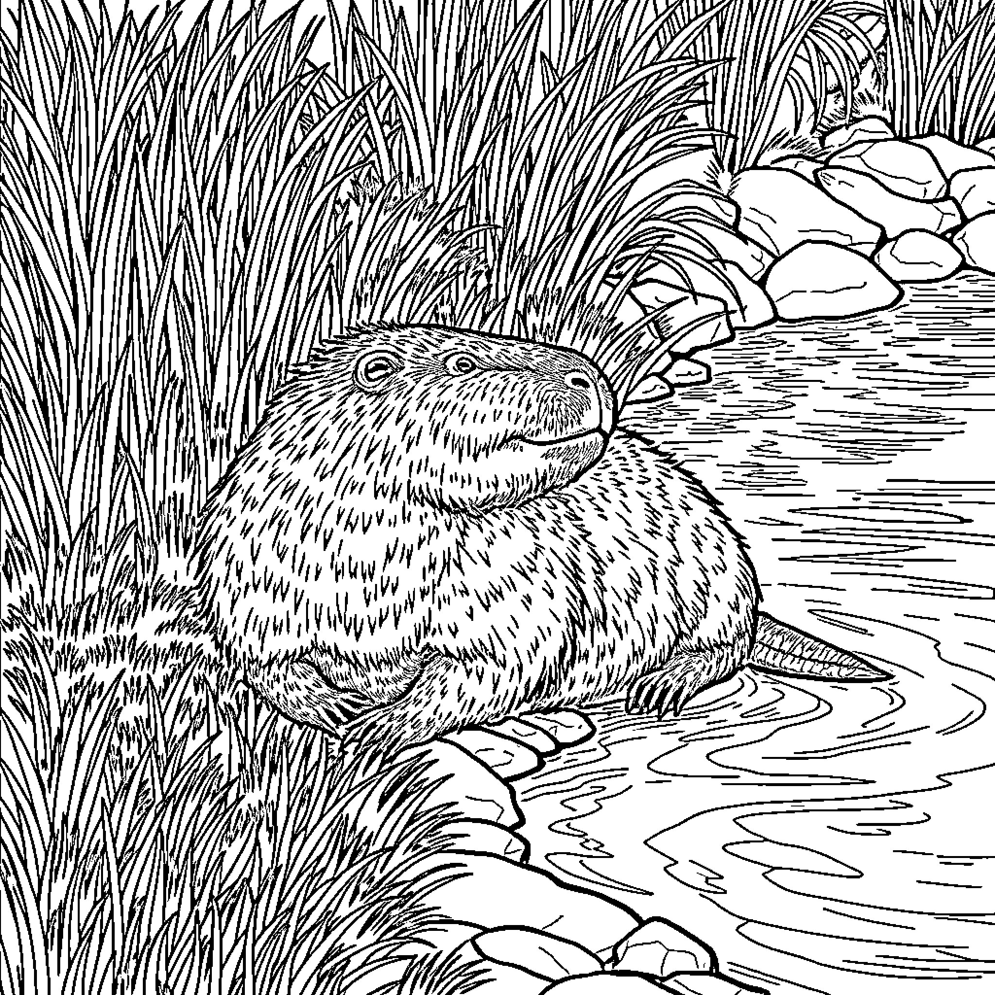Capybara relaxing in the river surrounded by tall grass Coloring Page (free black-and-white line drawing printable PDF for all, from beginners to advanced learners, including children, teens, adults, and seniors)