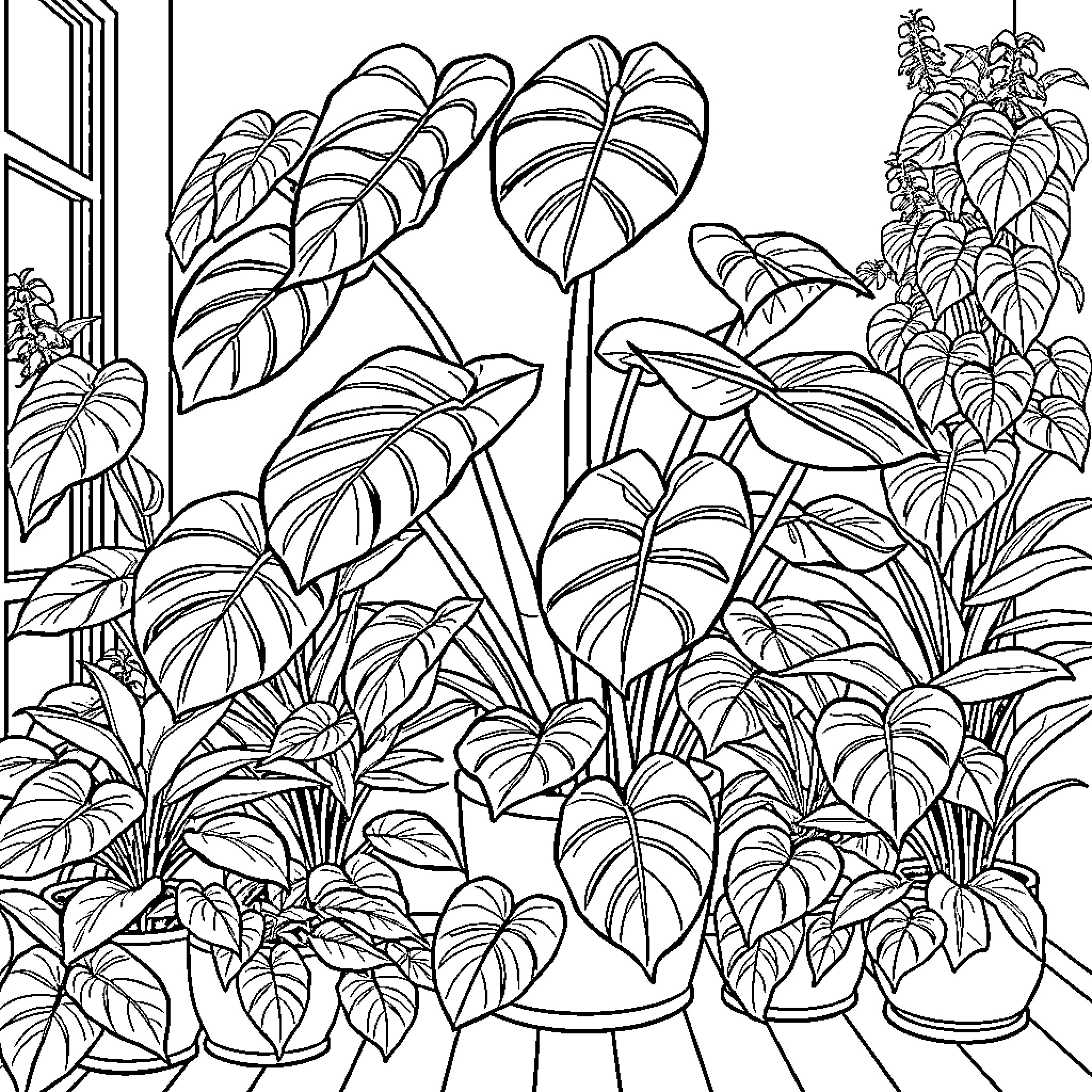 Monstera leaves and plants in lush tropical setting Coloring Page (free black-and-white line drawing printable PDF for all, from beginners to advanced learners, including children, teens, adults, and seniors)