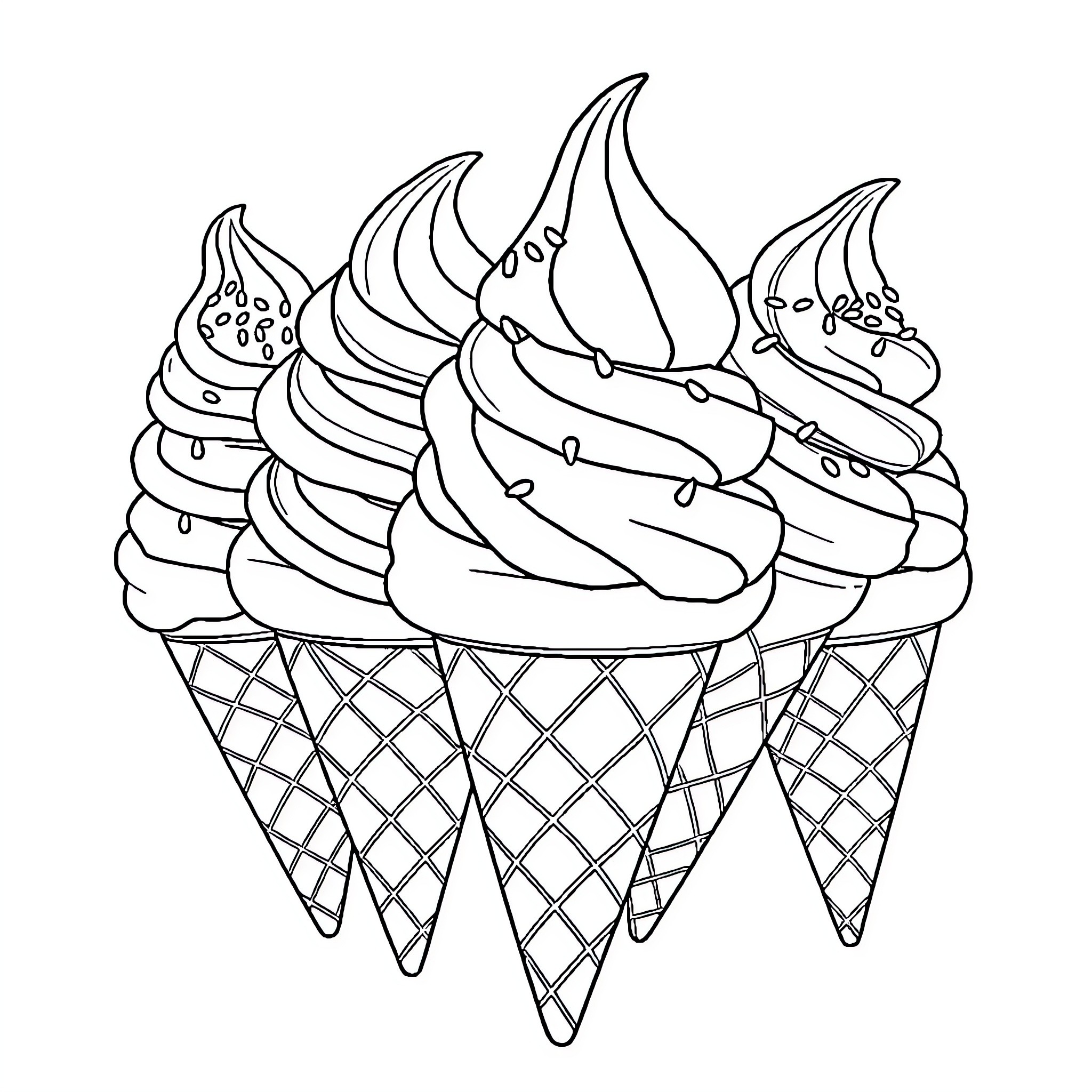 Ice Cream Swirls in Waffle Cones Coloring Page (free black-and-white line drawing printable PDF for all, from beginners to advanced learners, including children, teens, adults, and seniors)