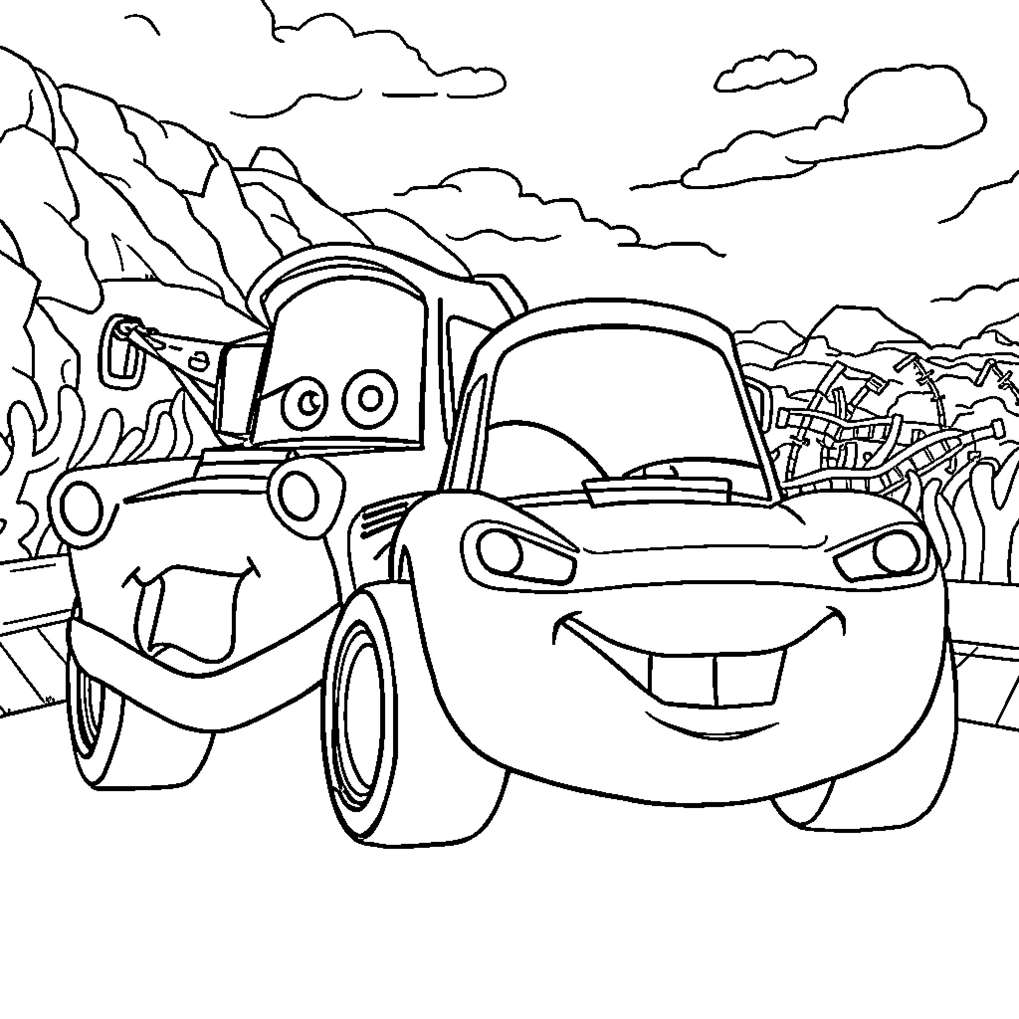 Lightning McQueen's Adventurous Ride through the Mountains Coloring Page (free black-and-white line drawing printable PDF for all, from beginners to advanced learners, including children, teens, adults, and seniors)