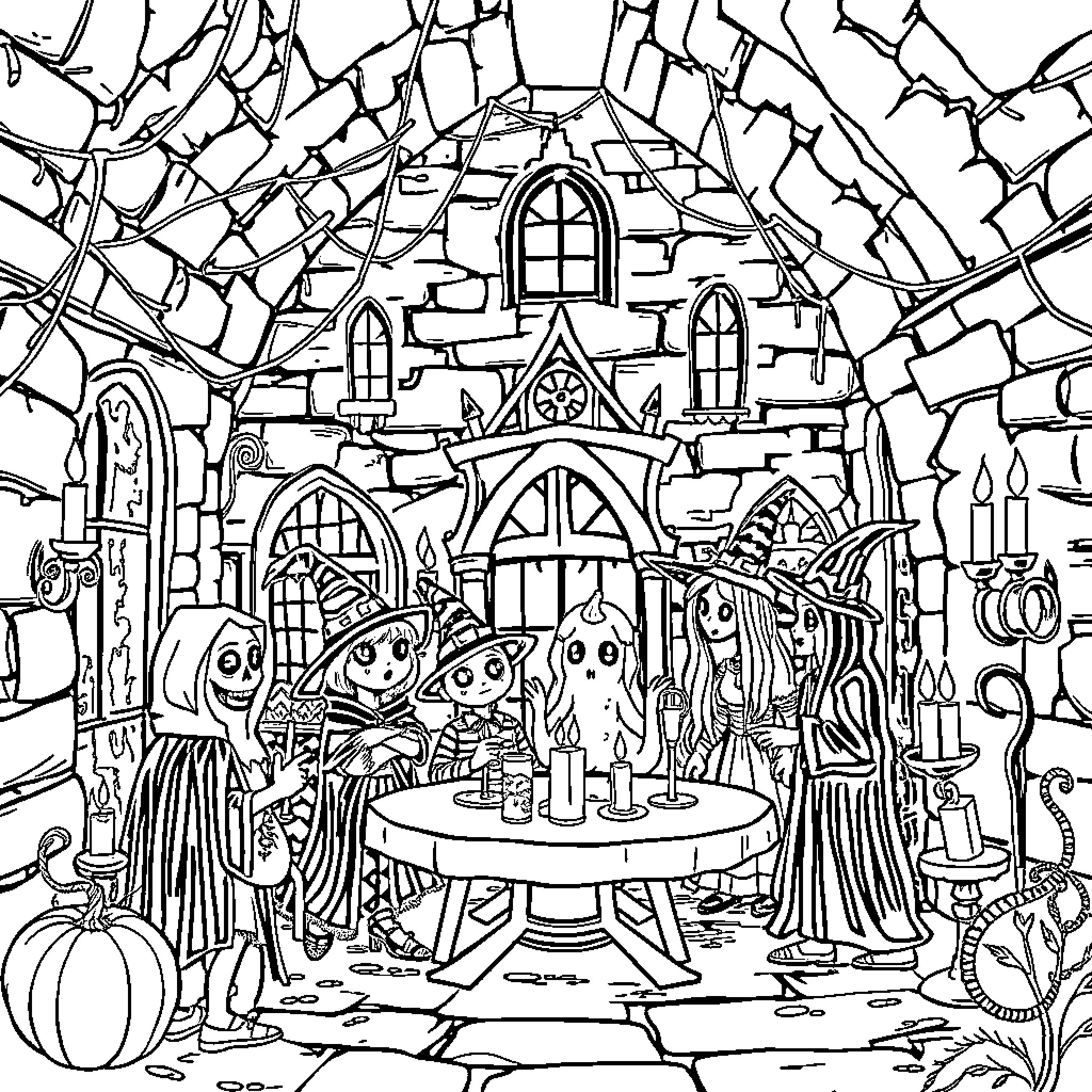 Halloween Character Celebrating Spooky Party in Haunted Castle Coloring Page (free black-and-white line drawing printable PDF for all, from beginners to advanced learners, including children, teens, adults, and seniors)