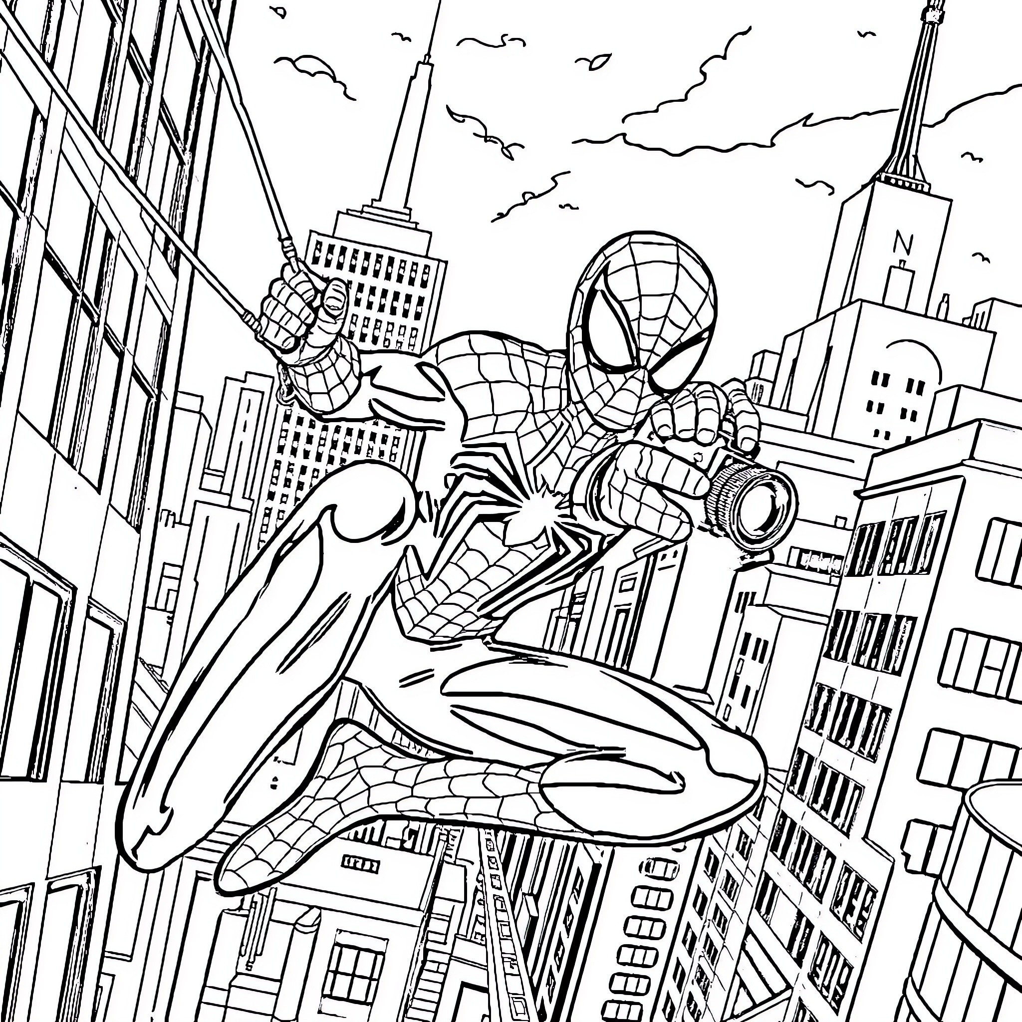 Spiderman swinging through the city skyline Coloring Page (free black-and-white line drawing printable PDF for all, from beginners to advanced learners, including children, teens, adults, and seniors)