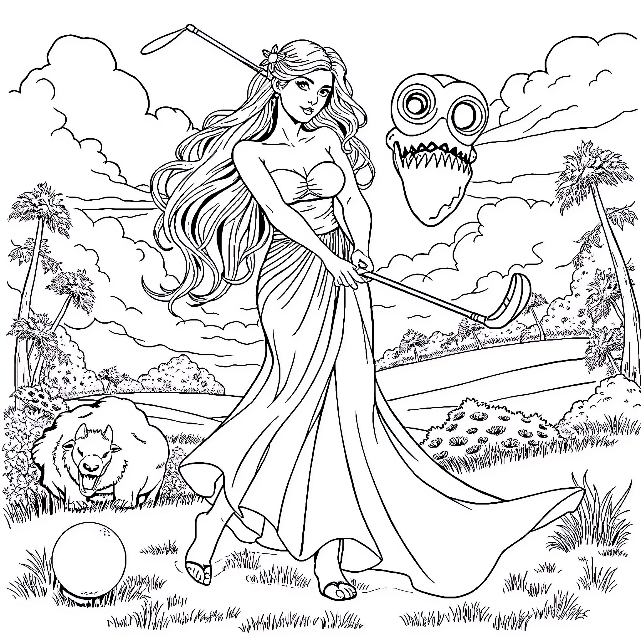 Siren enchanting the ocean's inhabitants Coloring Page (free black-and-white line drawing printable PDF for all, from beginners to advanced learners, including children, teens, adults, and seniors)