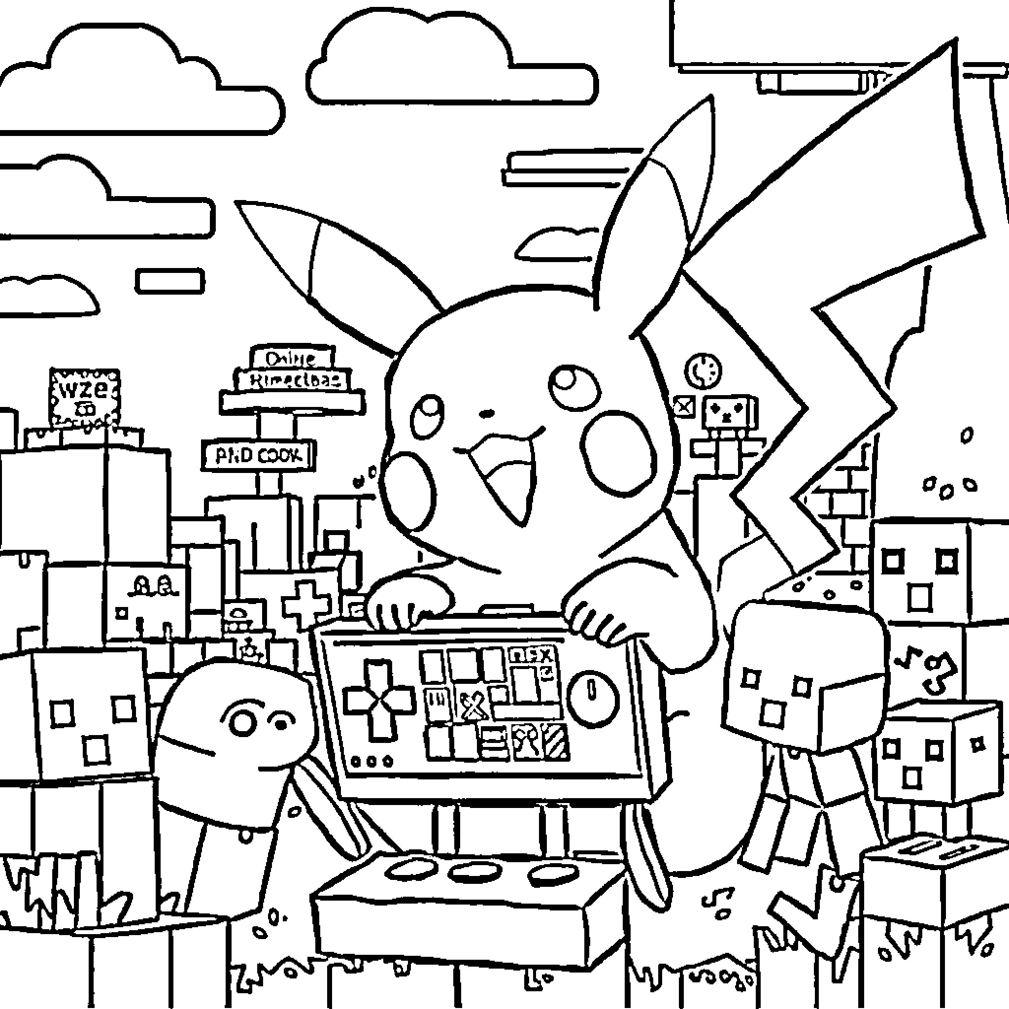 Pikachu exploring the colorful city landscape Coloring Page (free black-and-white line drawing printable PDF for all, from beginners to advanced learners, including children, teens, adults, and seniors)