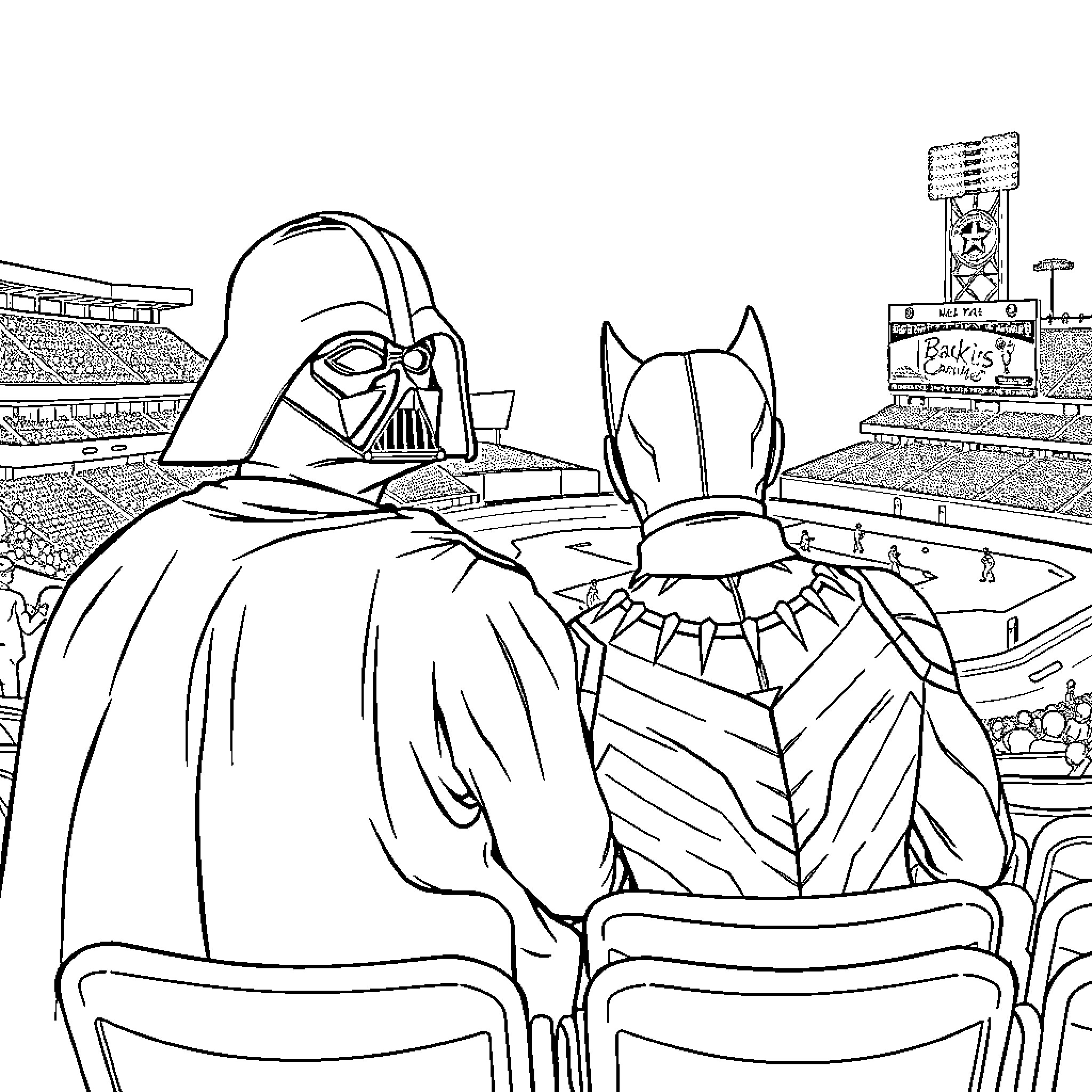 Darth Vader and Black Panther at a Baseball Game Coloring Page (free black-and-white line drawing printable PDF for all, from beginners to advanced learners, including children, teens, adults, and seniors)
