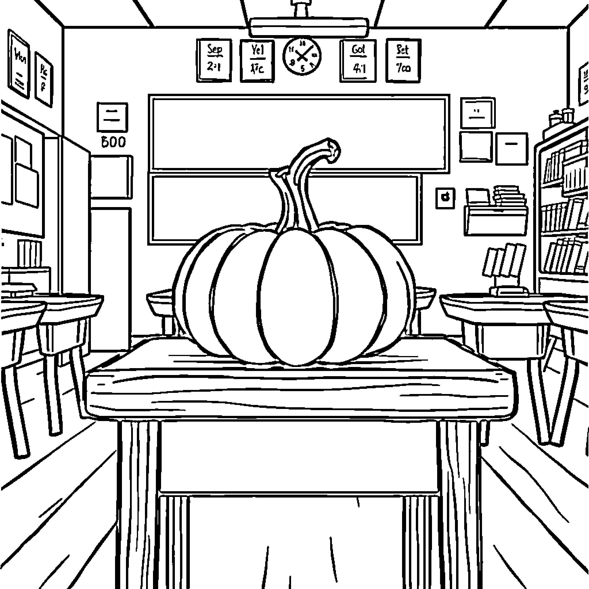Pumpkin on a Classroom Desk Coloring Page (free black-and-white line drawing printable PDF for all, from beginners to advanced learners, including children, teens, adults, and seniors)