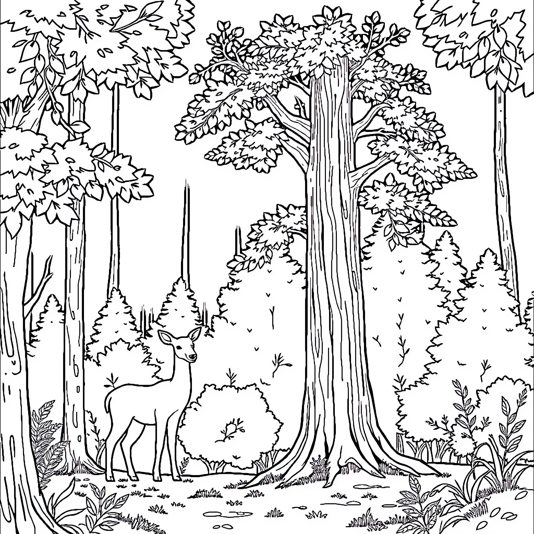 Tree with wildlife in forest landscape Coloring Page (free black-and-white line drawing printable PDF for all, from beginners to advanced learners, including children, teens, adults, and seniors)