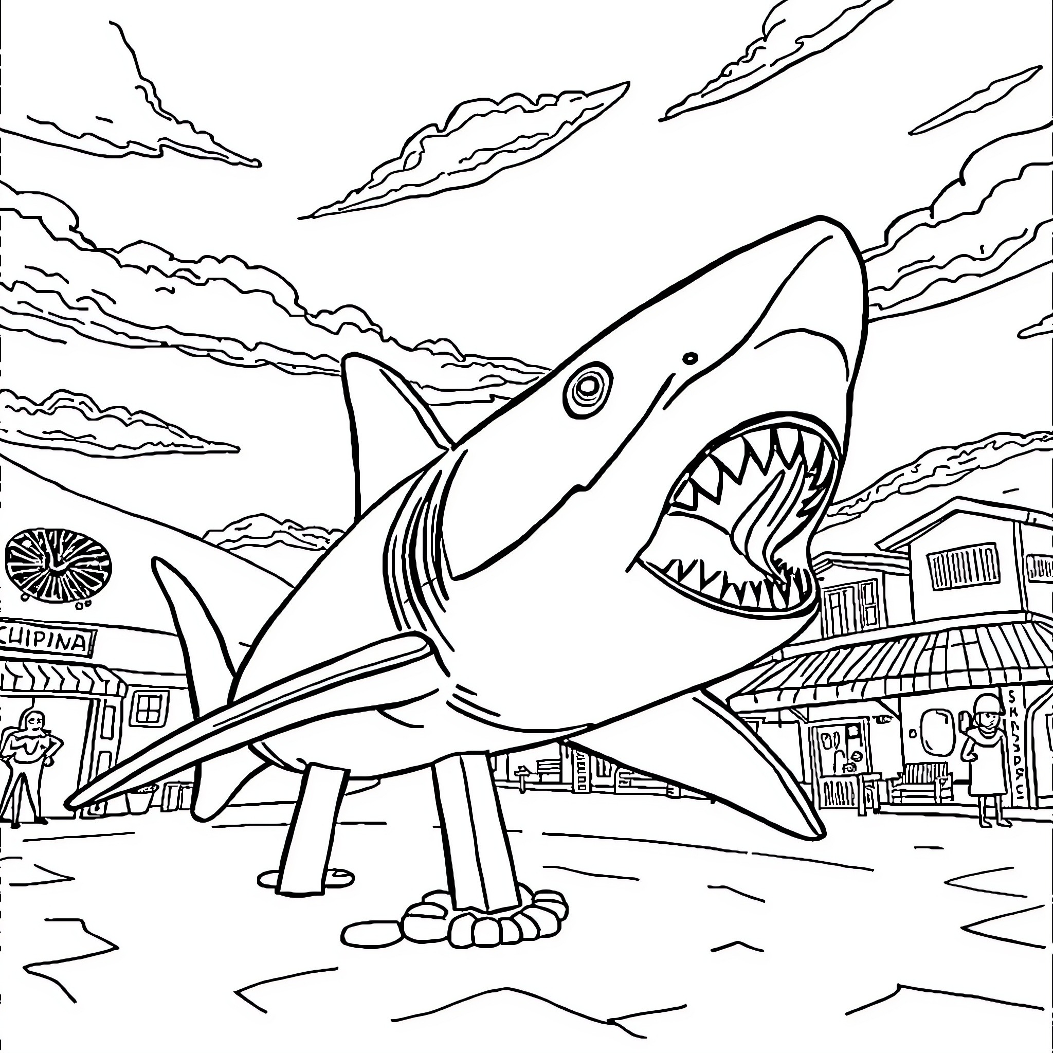 Tiburon terrorizing the coastal town Coloring Page (free black-and-white line drawing printable PDF for all, from beginners to advanced learners, including children, teens, adults, and seniors)