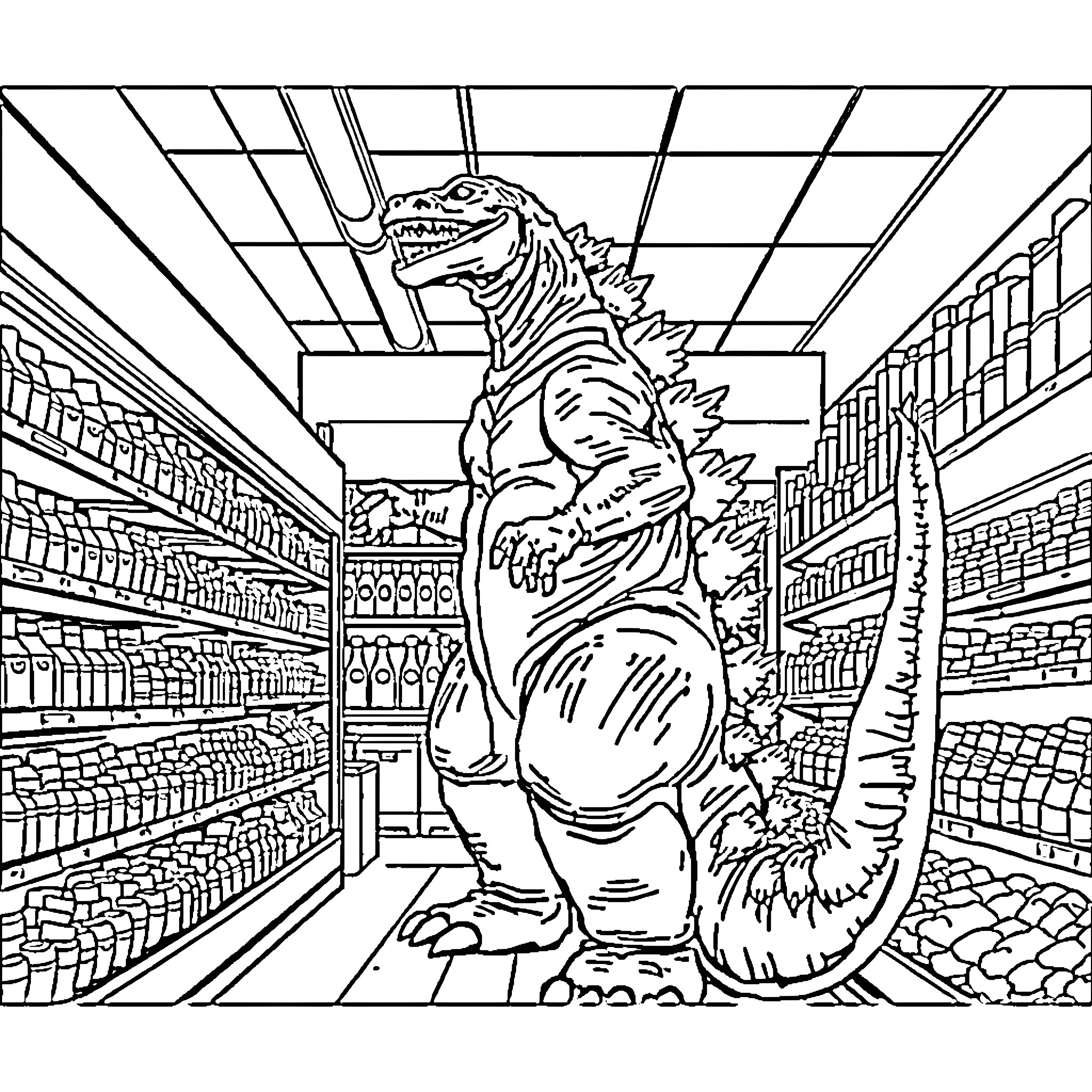 Godzilla on a shopping rampage through the supermarket Coloring Page (free black-and-white line drawing printable PDF for all, from beginners to advanced learners, including children, teens, adults, and seniors)