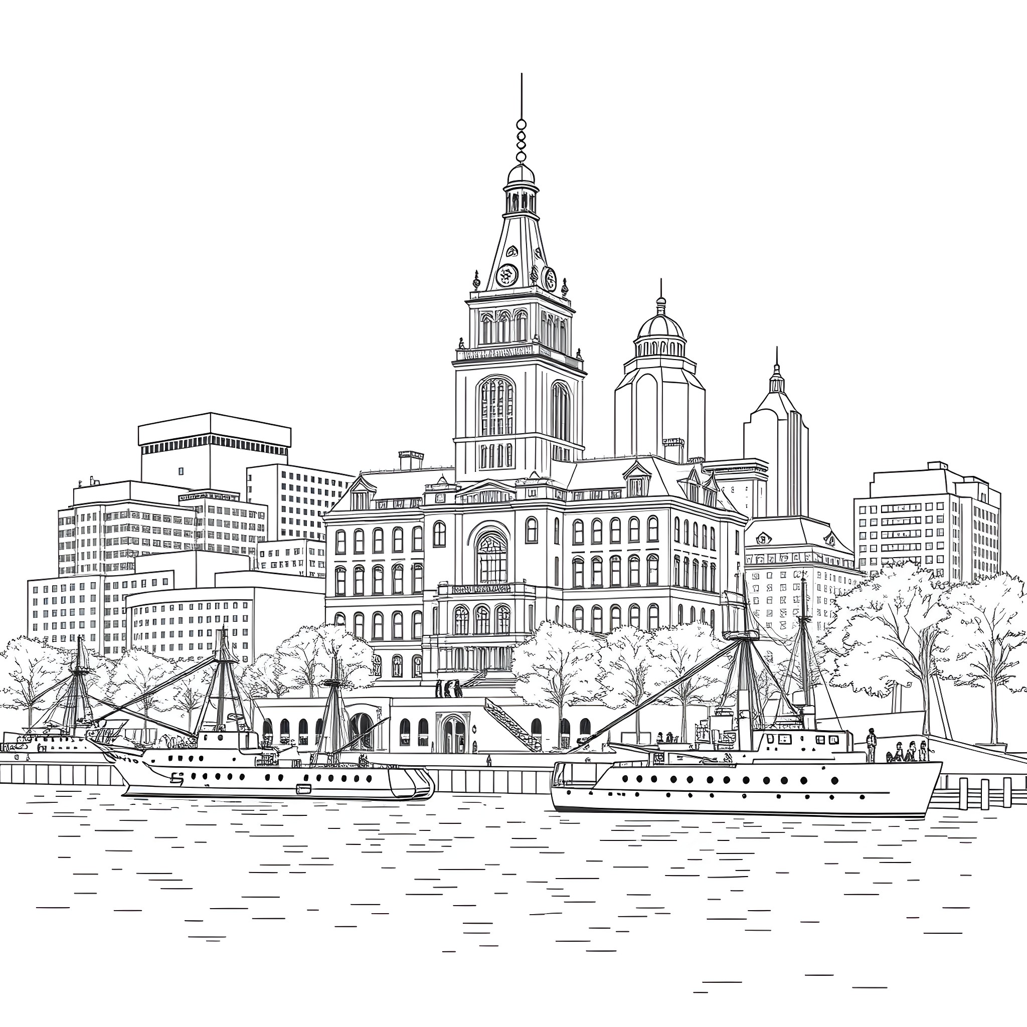 Buffalo City Skyline with Iconic Buildings and Landmarks Coloring Page (free black-and-white line drawing printable PDF for all, from beginners to advanced learners, including children, teens, adults, and seniors)